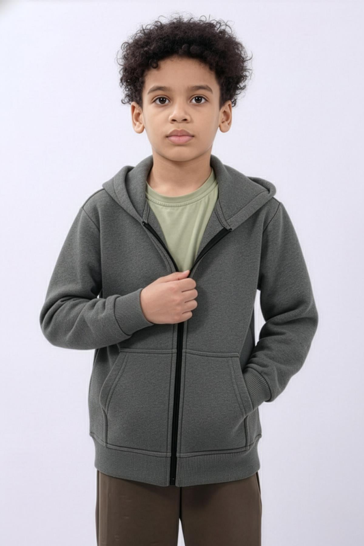 Unisex Çocuk Kapüşonlu Fermuarlı Hırka