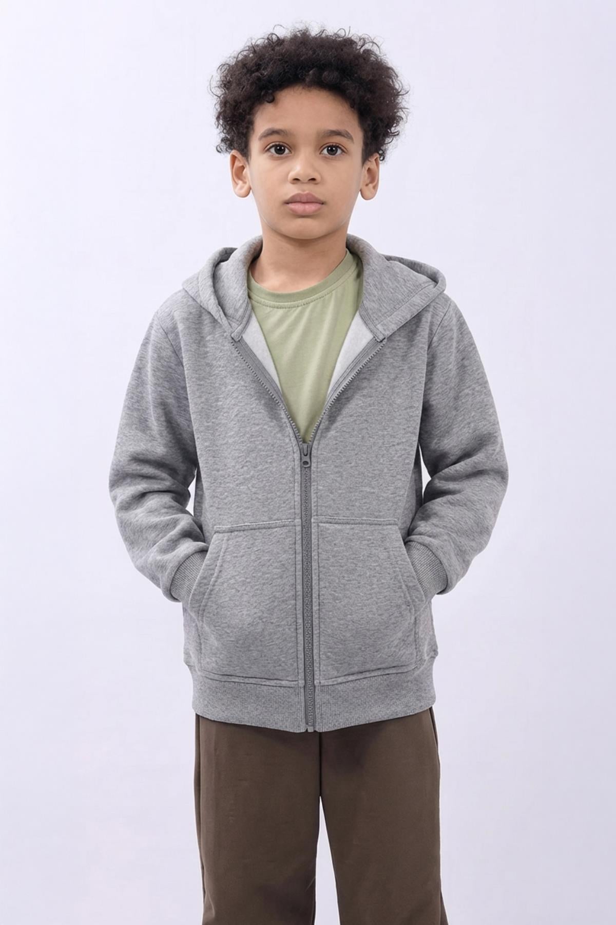 Unisex Çocuk Kapüşonlu Fermuarlı Hırka