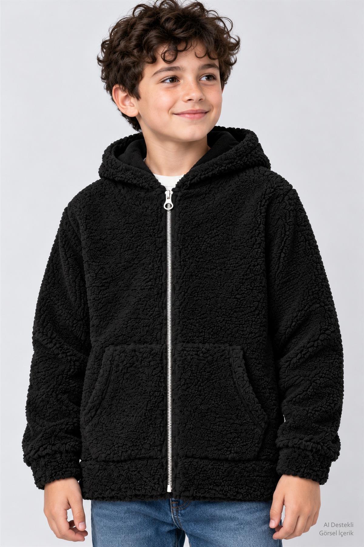 Unisex Çocuk Kapüşonlu Kıvırcık Peluş Hırka