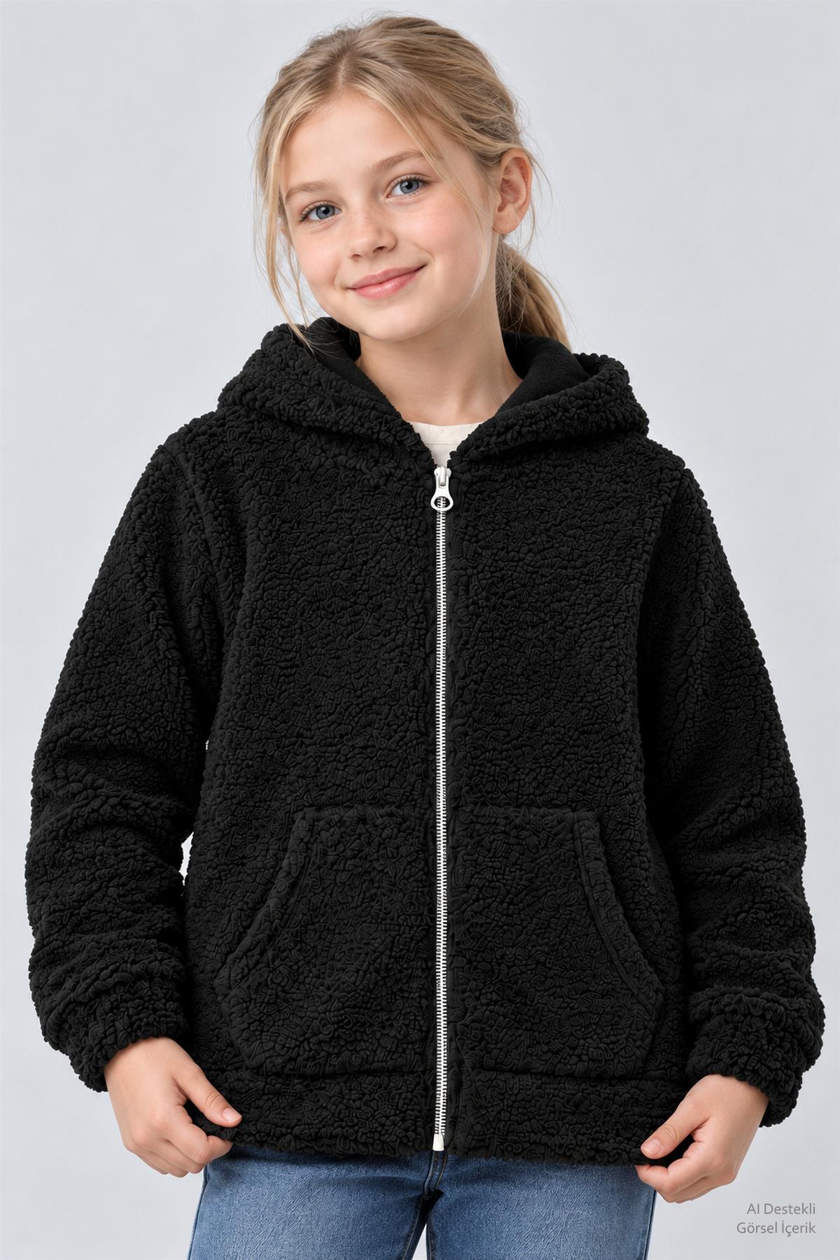 Unisex Çocuk Kapüşonlu Kıvırcık Peluş Hırka