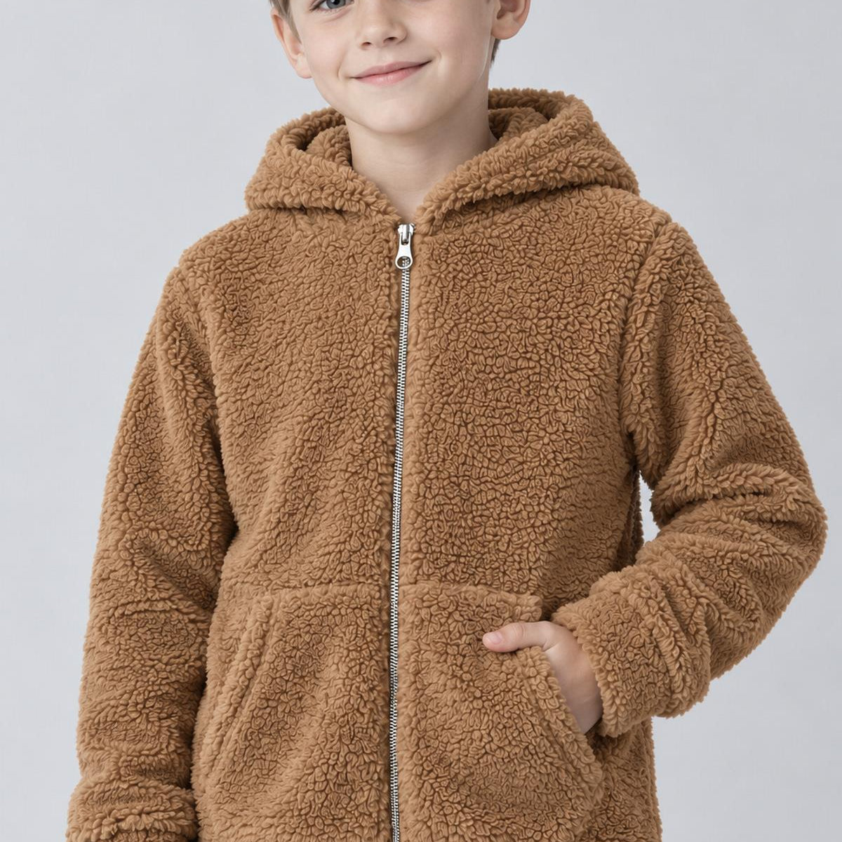 Unisex Çocuk Kapüşonlu Kıvırcık Peluş Hırka