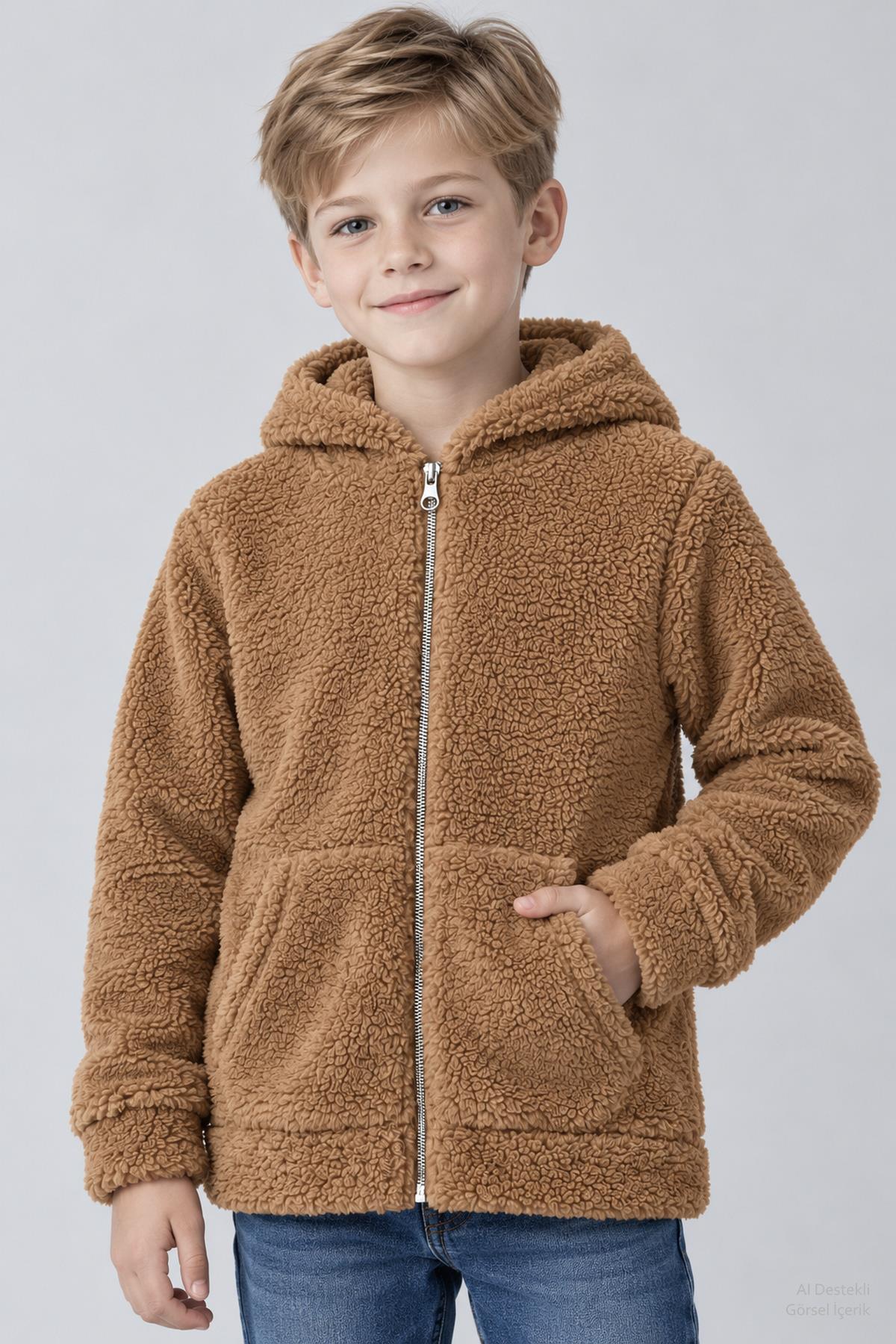 Unisex Çocuk Kapüşonlu Kıvırcık Peluş Hırka