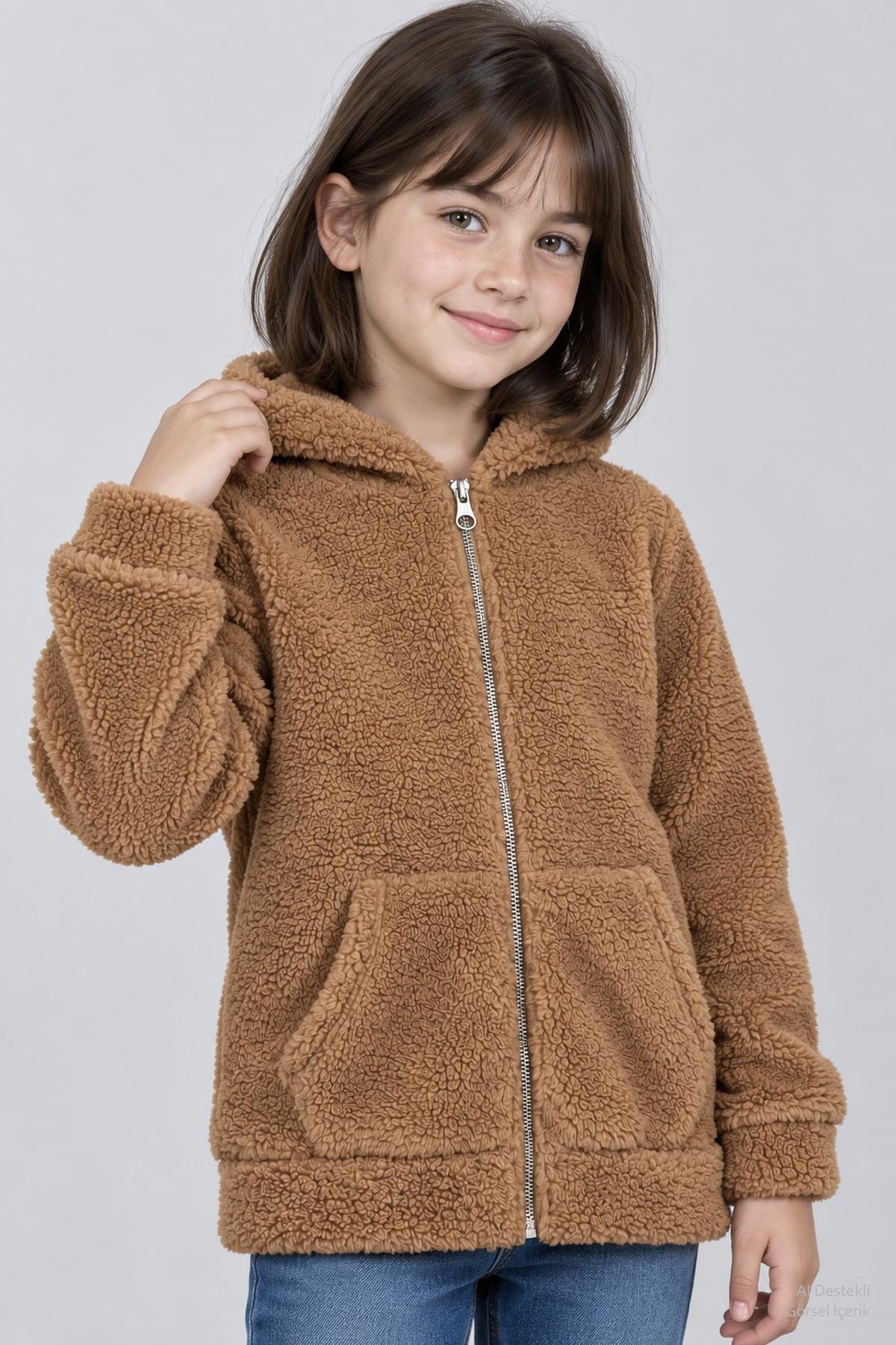 Unisex Çocuk Kapüşonlu Kıvırcık Peluş Hırka
