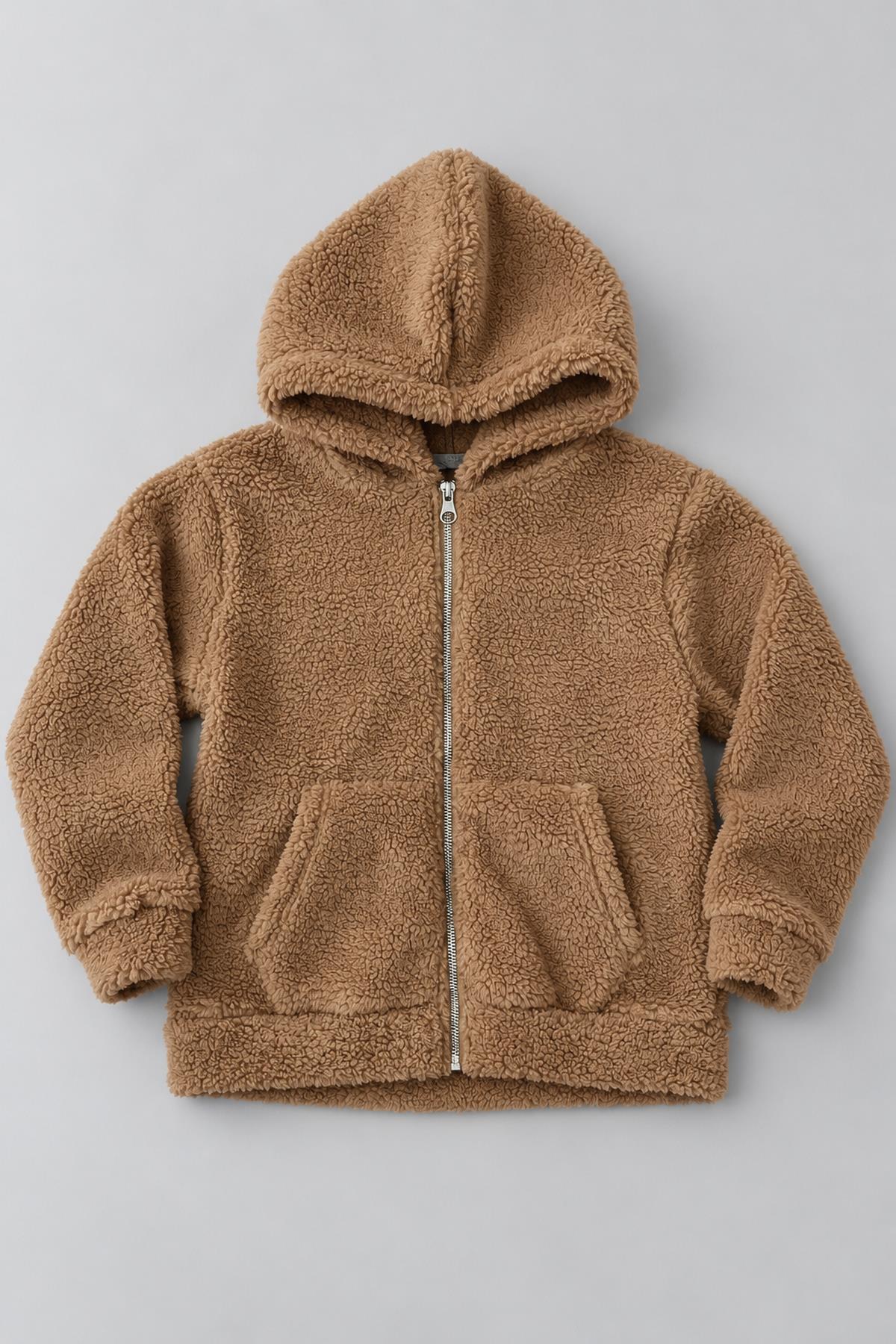 Unisex Çocuk Kapüşonlu Kıvırcık Peluş Hırka