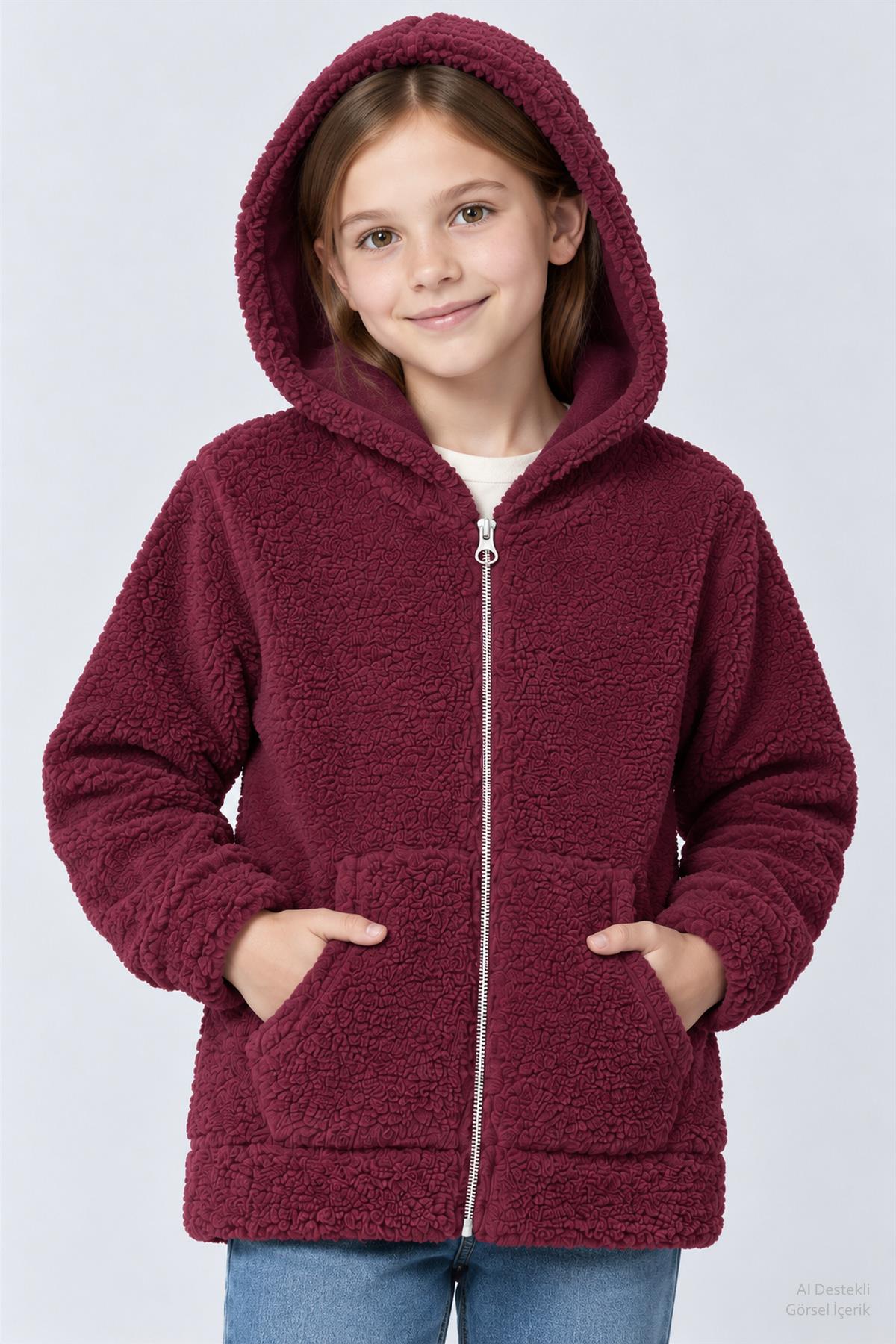 Unisex Çocuk Kapüşonlu Kıvırcık Peluş Hırka