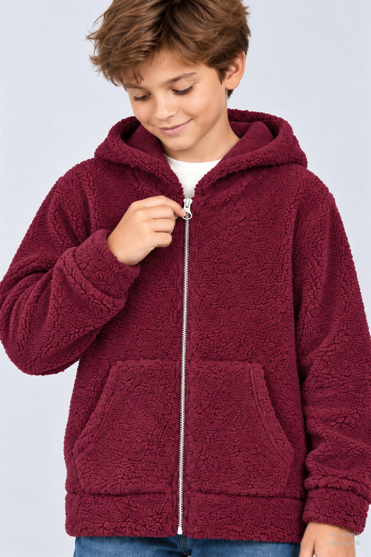 Unisex Çocuk Kapüşonlu Kıvırcık Peluş Hırka