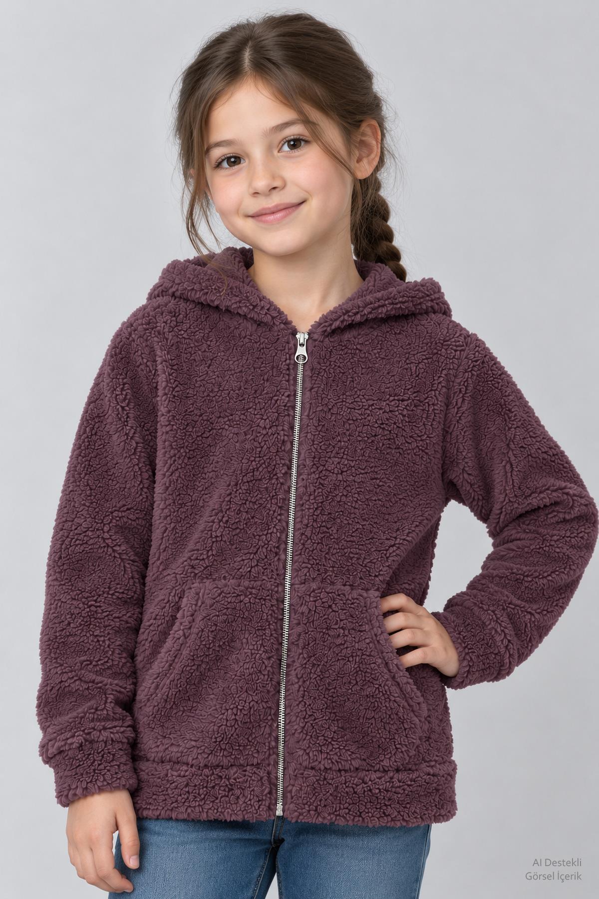 Unisex Çocuk Kapüşonlu Kıvırcık Peluş Hırka
