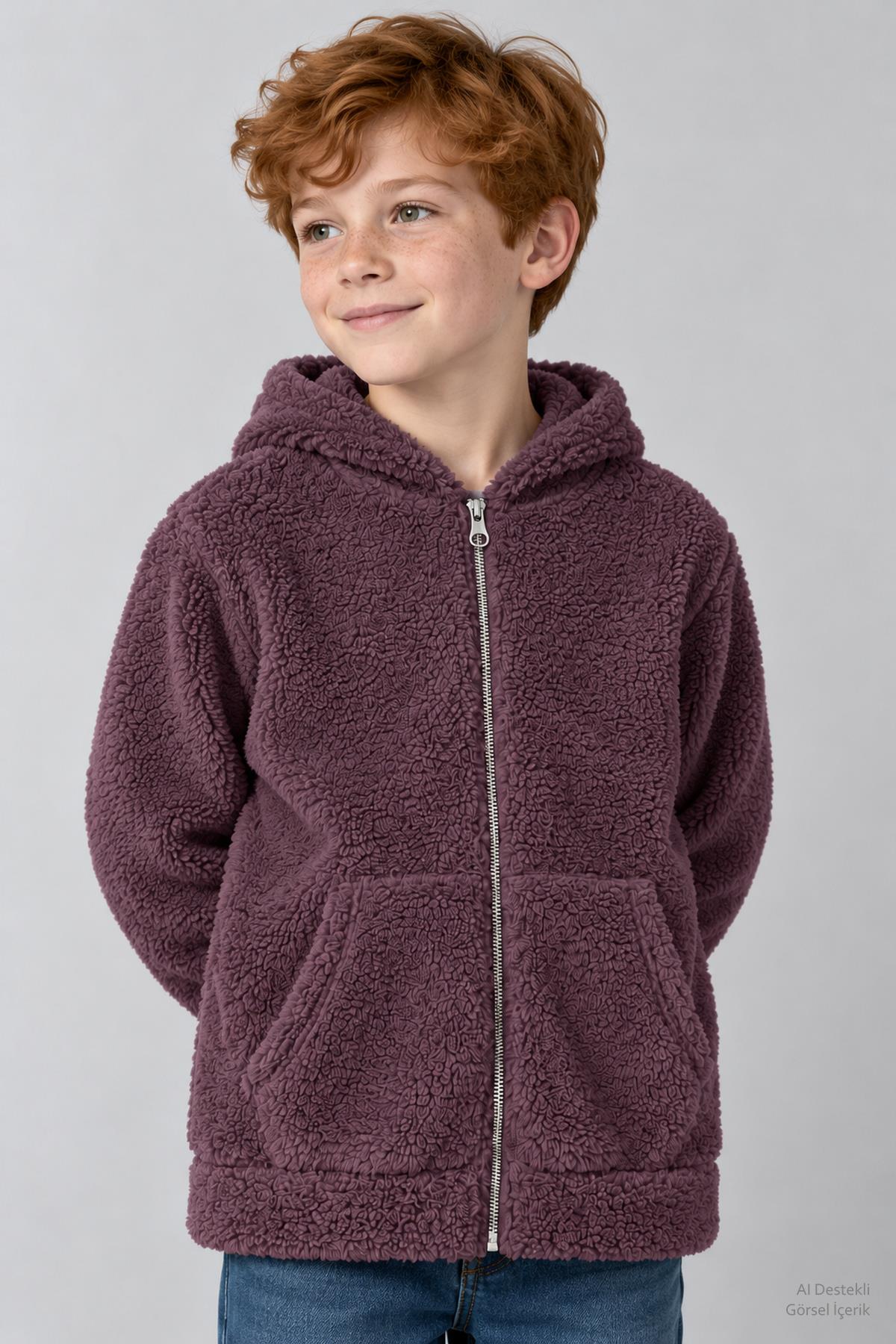 Unisex Çocuk Kapüşonlu Kıvırcık Peluş Hırka