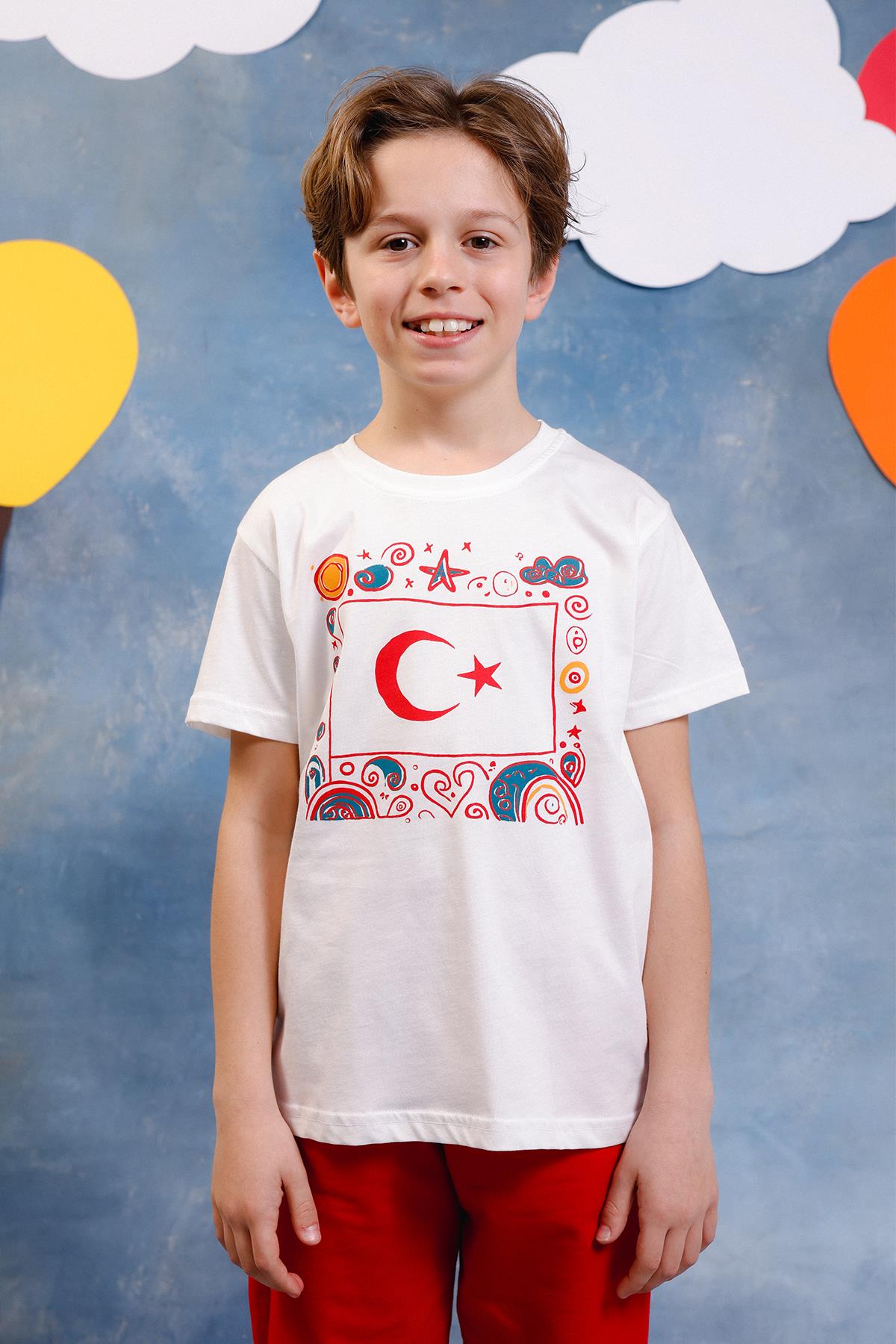Unisex Çocuk Türk Bayrak Baskılı Kısa Kollu Takım