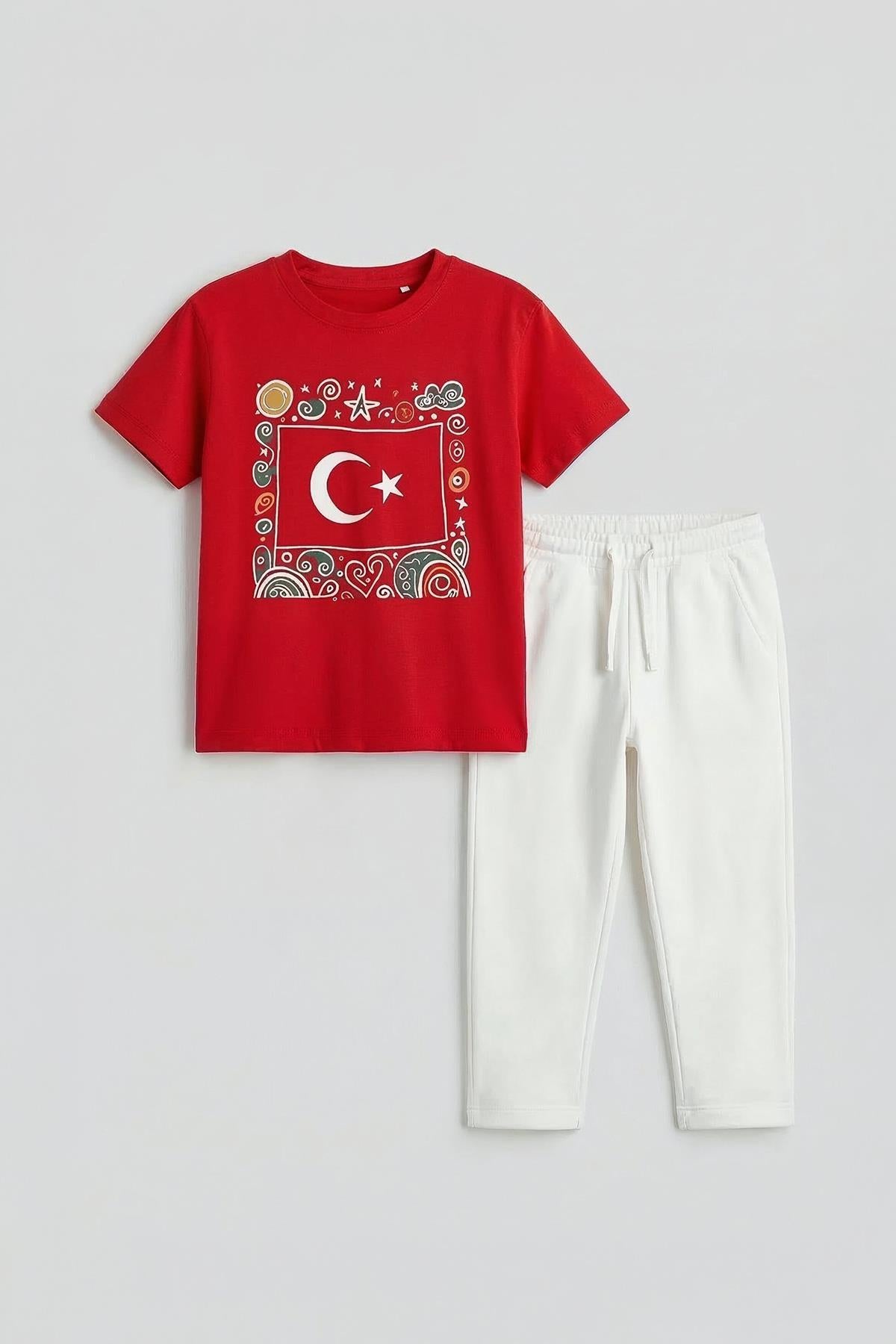 Unisex Çocuk Türk Bayrak Baskılı Kısa Kollu Takım