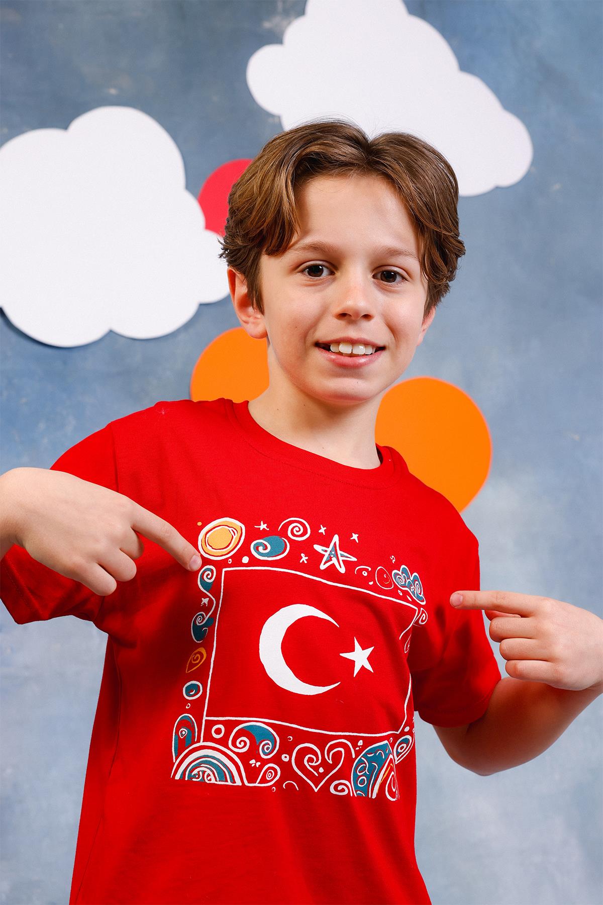 Unisex Çocuk Türk Bayrak Baskılı Kısa Kollu Takım