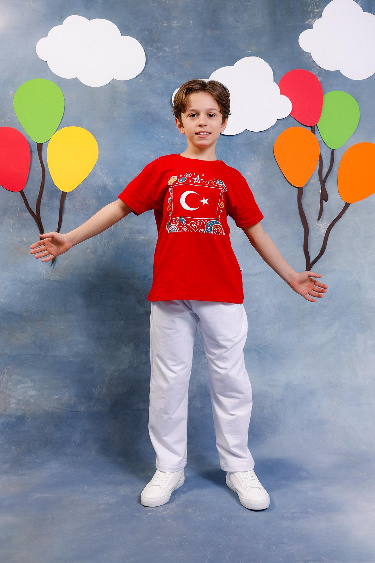 Unisex Çocuk Türk Bayrak Baskılı Kısa Kollu Takım