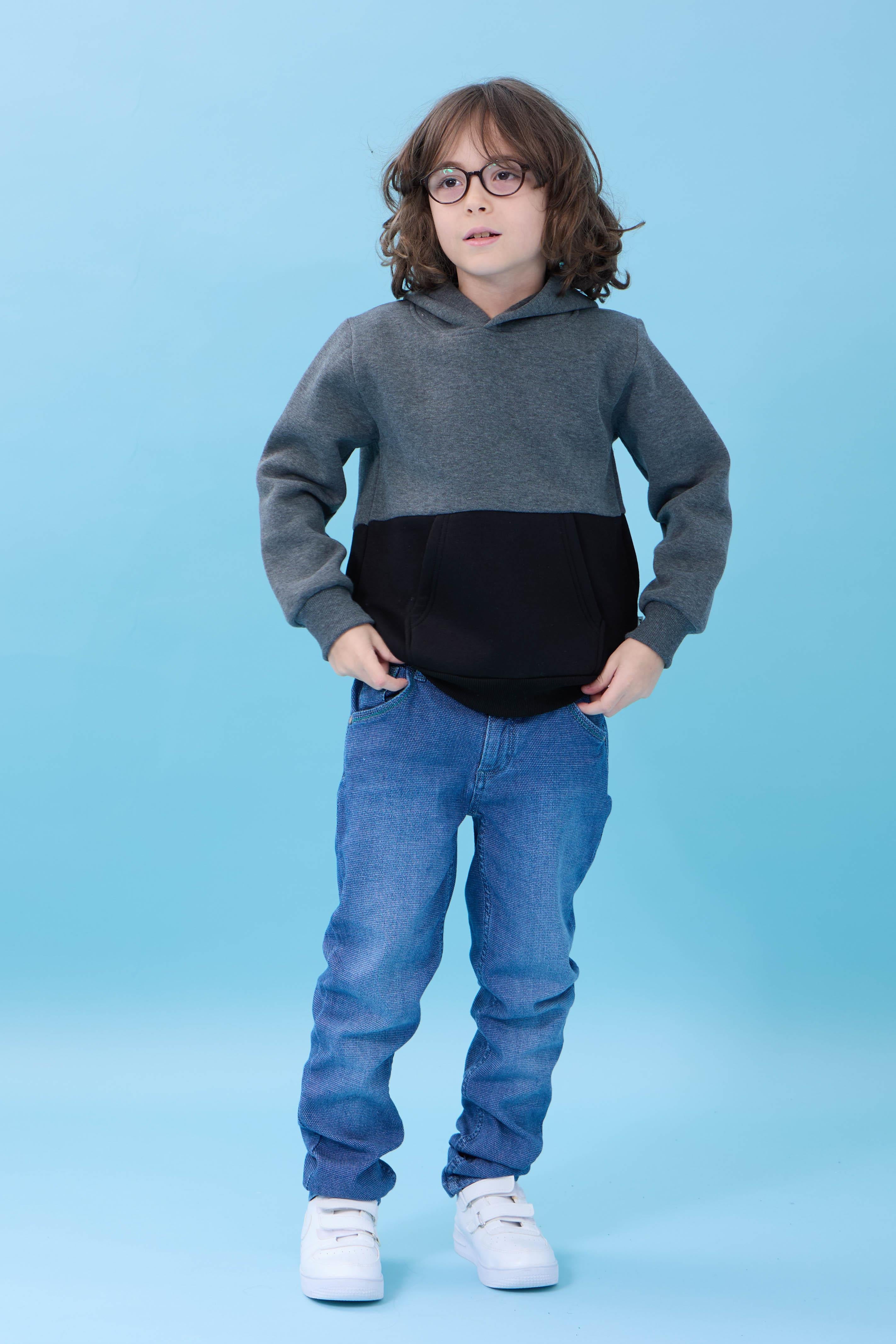 Unisex Kapüşonlu Kanguru Cepli Renk Bloklu Şardonlu Kışlık Sweatshirt - Antrasit/Siyah