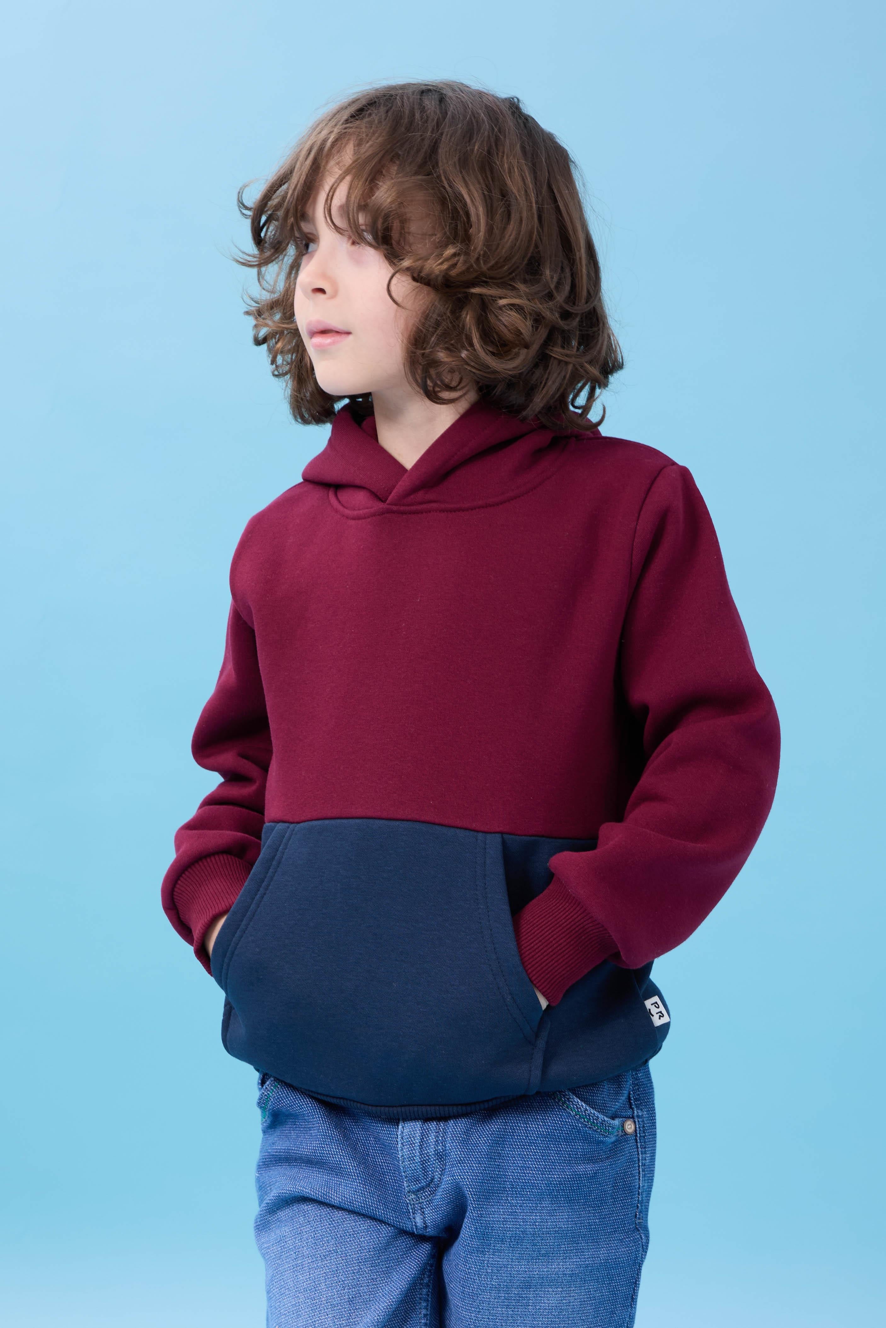 Unisex Kapüşonlu Kanguru Cepli Renk Bloklu Şardonlu Kışlık Sweatshirt - Bordo/Lacivert