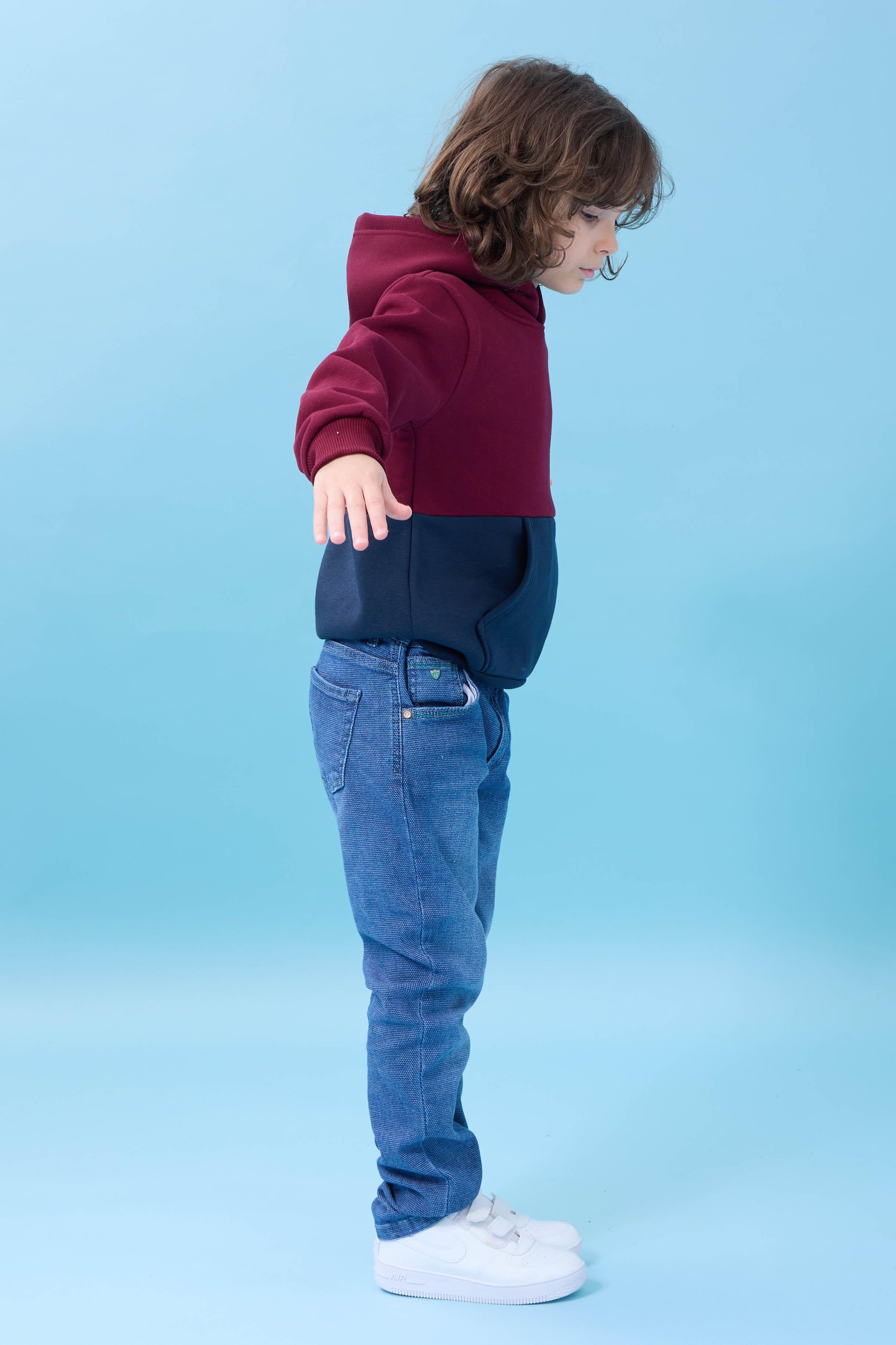 Unisex Kapüşonlu Kanguru Cepli Renk Bloklu Şardonlu Kışlık Sweatshirt - Bordo/Lacivert