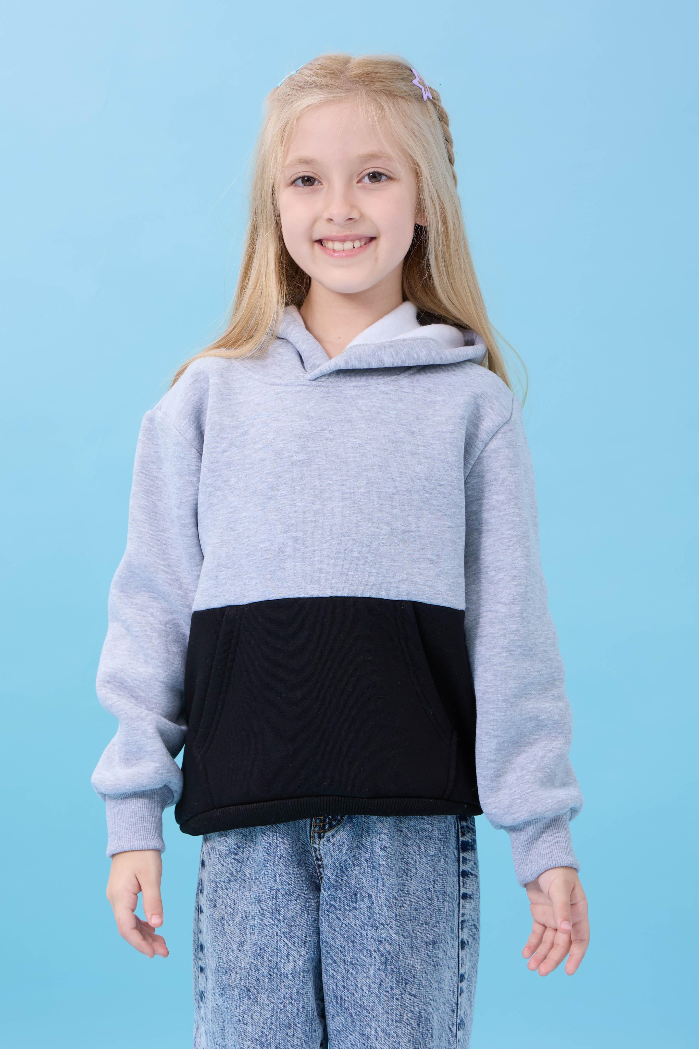 Unisex Kapüşonlu Kanguru Cepli Renk Bloklu Şardonlu Kışlık Sweatshirt - Gri/Siyah
