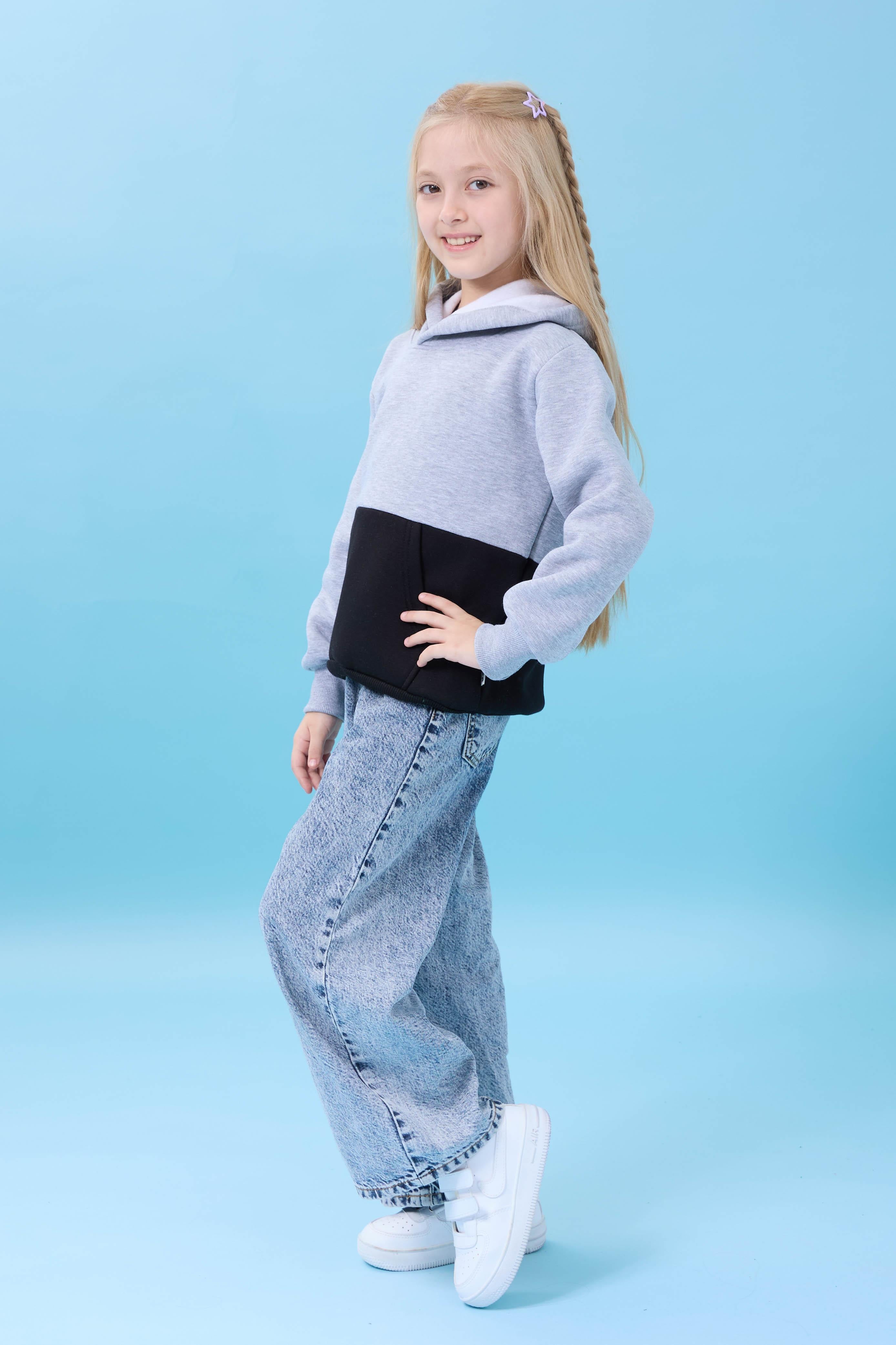 Unisex Kapüşonlu Kanguru Cepli Renk Bloklu Şardonlu Kışlık Sweatshirt - Gri/Siyah