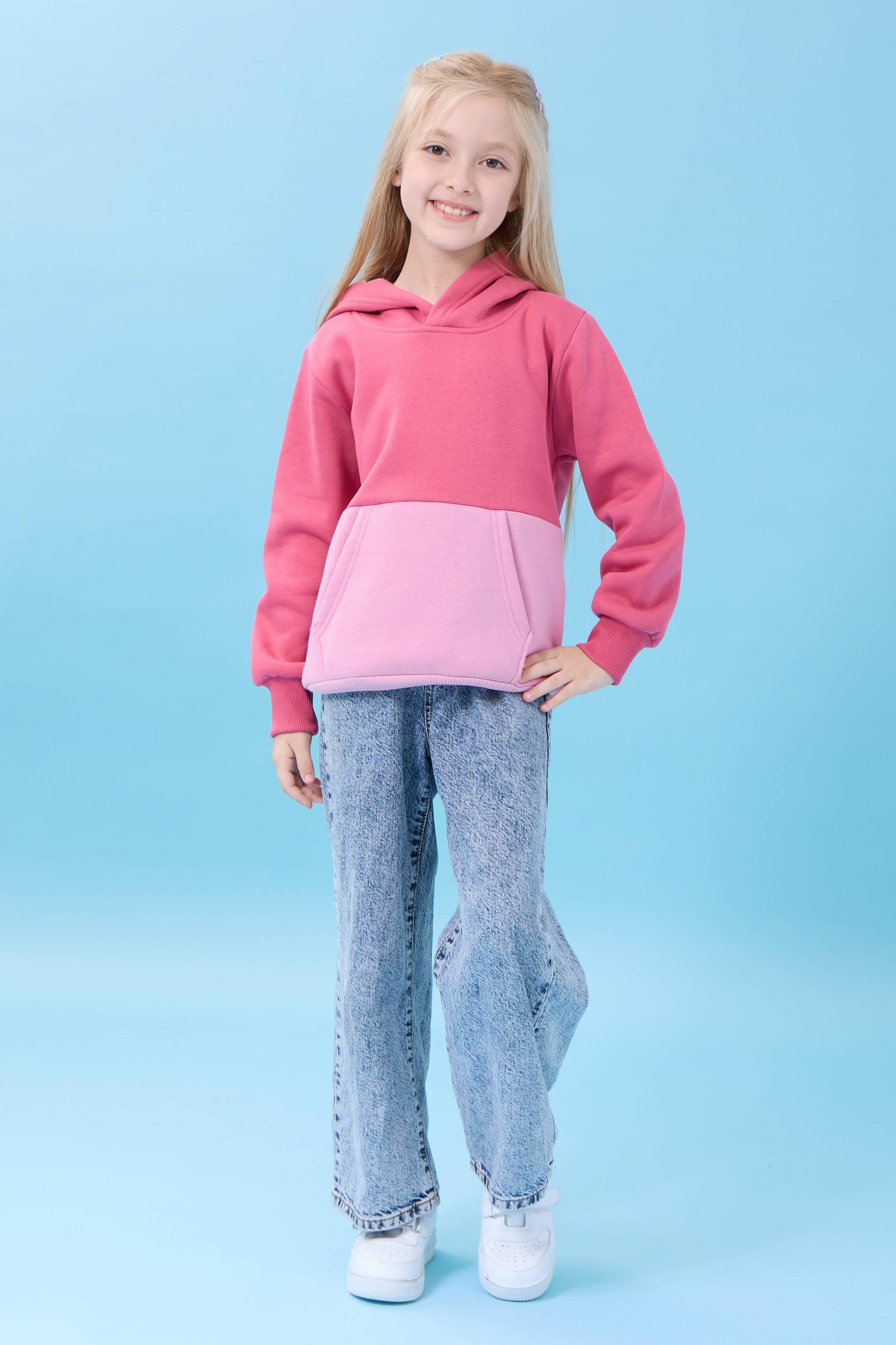 Unisex Kapüşonlu Kanguru Cepli Renk Bloklu Şardonlu Kışlık Sweatshirt - Gül Kurusu/Açık Gül