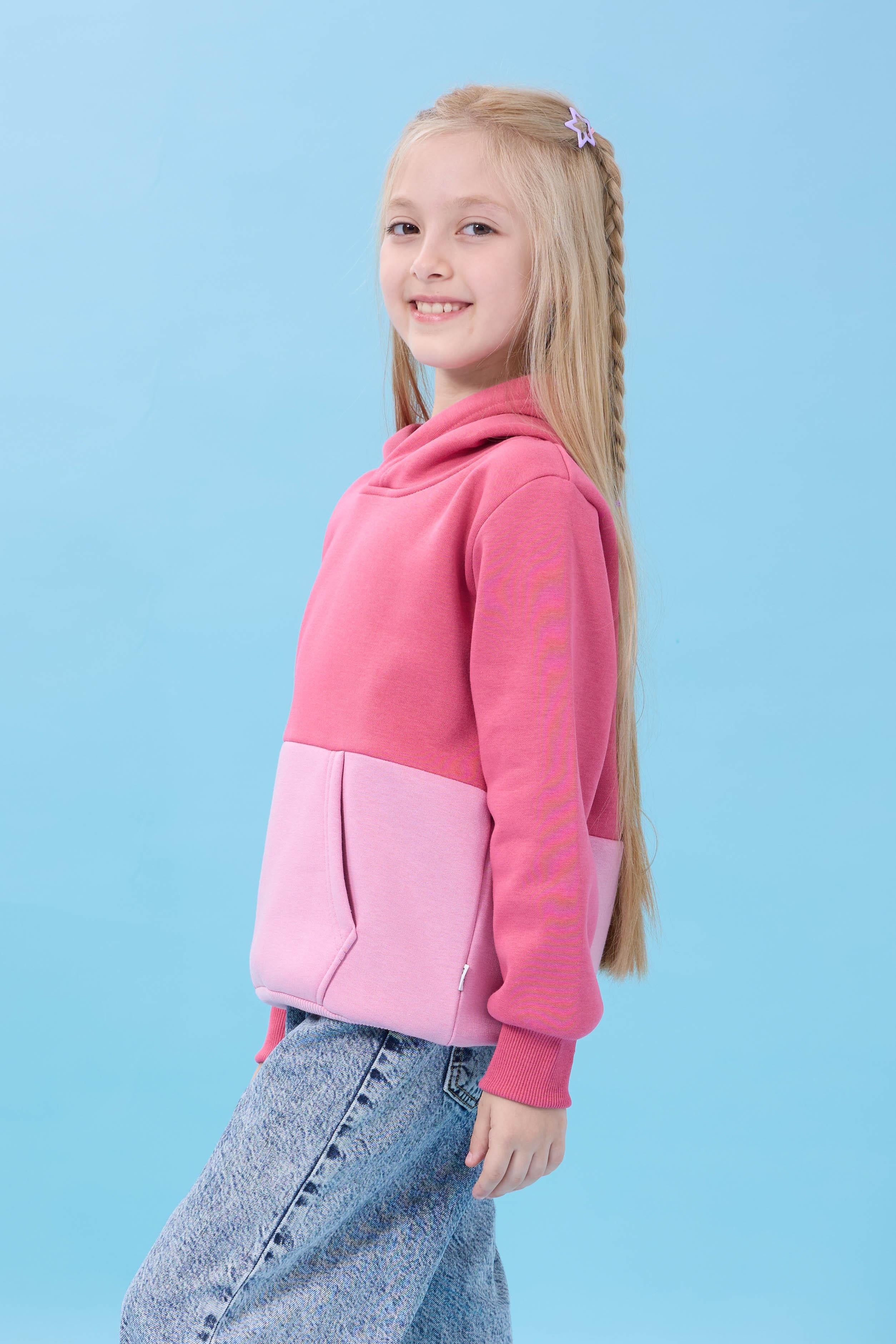 Unisex Kapüşonlu Kanguru Cepli Renk Bloklu Şardonlu Kışlık Sweatshirt - Gül Kurusu/Açık Gül