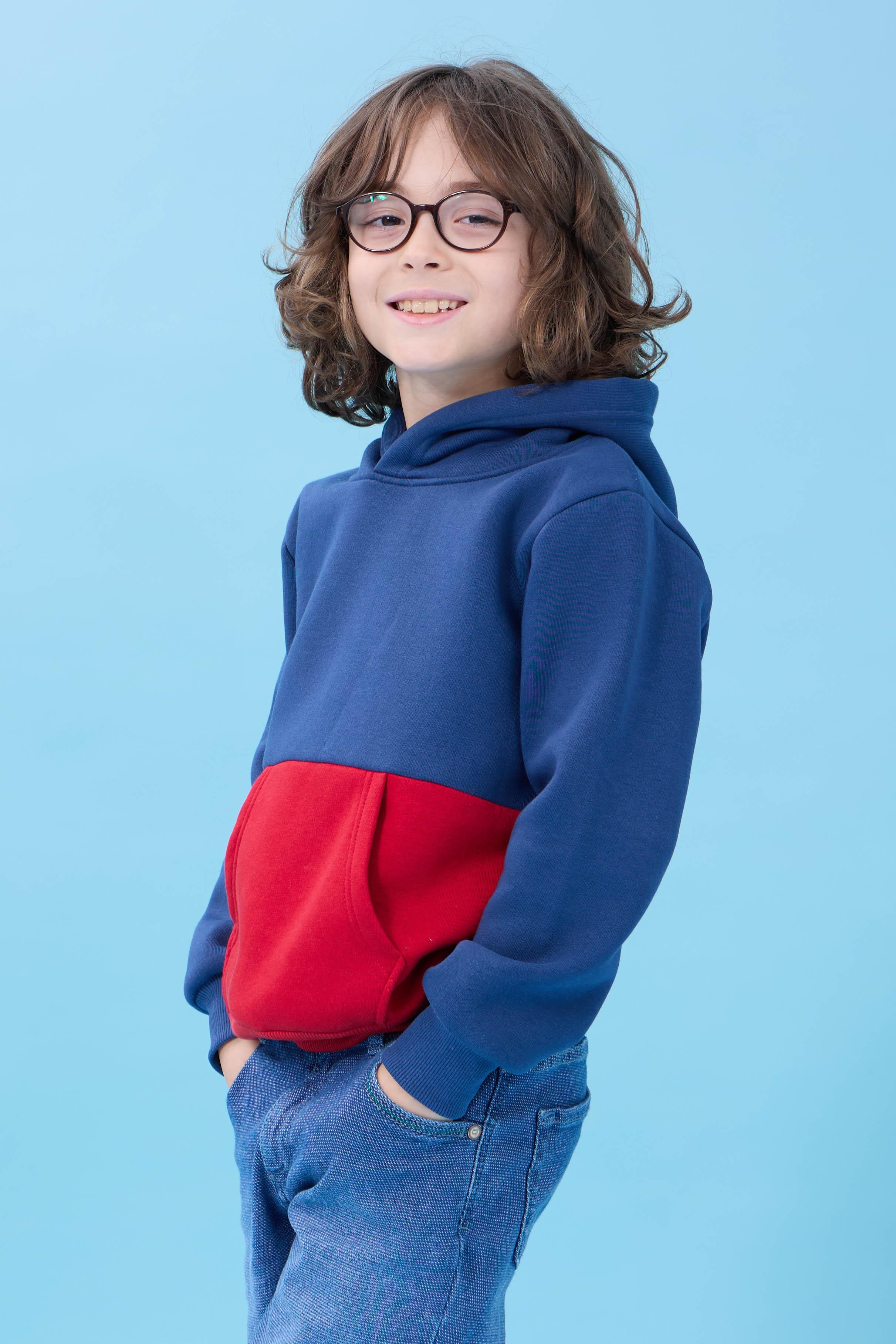Unisex Kapüşonlu Kanguru Cepli Renk Bloklu Şardonlu Kışlık Sweatshirt - İndigo/Kırmızı
