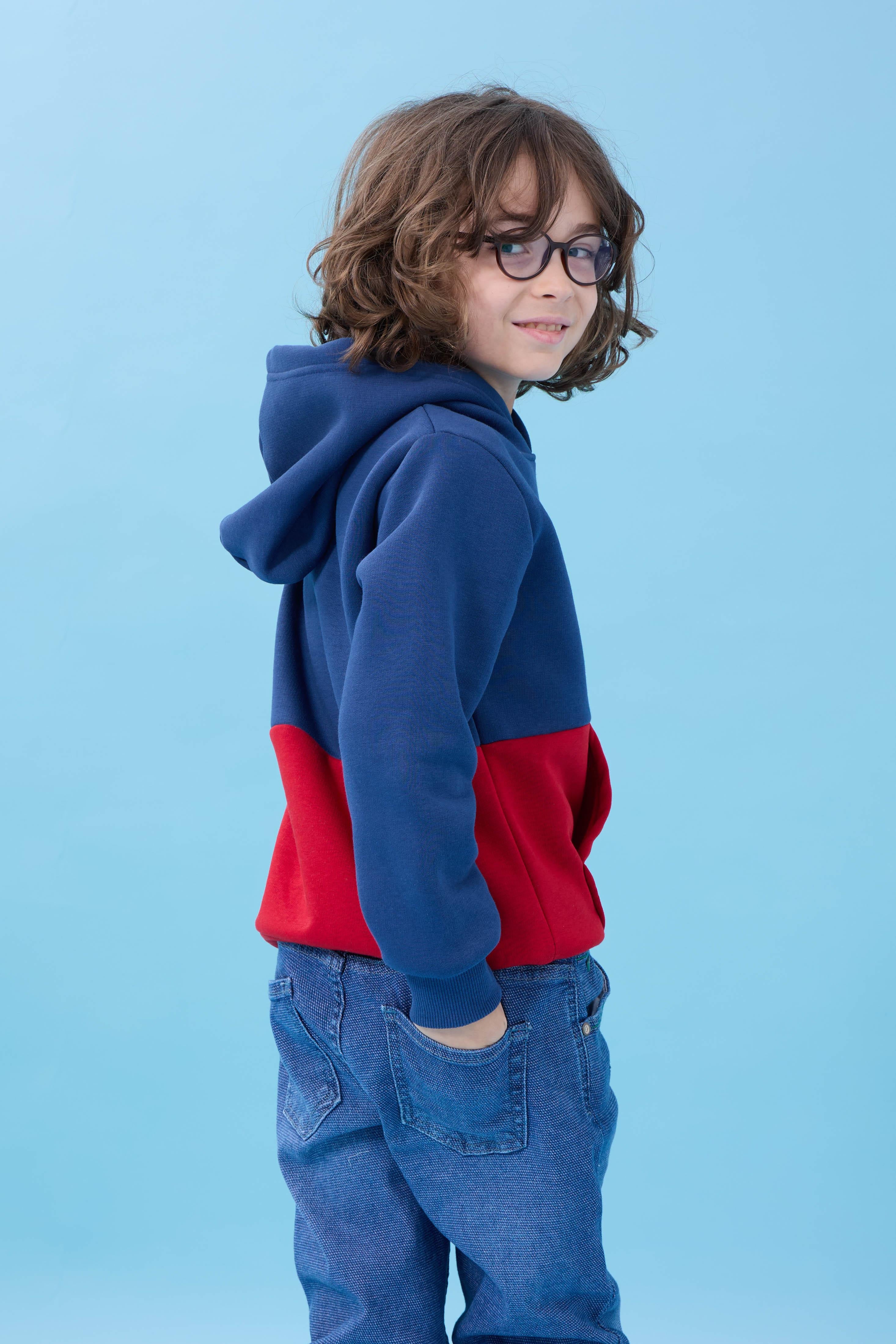 Unisex Kapüşonlu Kanguru Cepli Renk Bloklu Şardonlu Kışlık Sweatshirt - İndigo/Kırmızı
