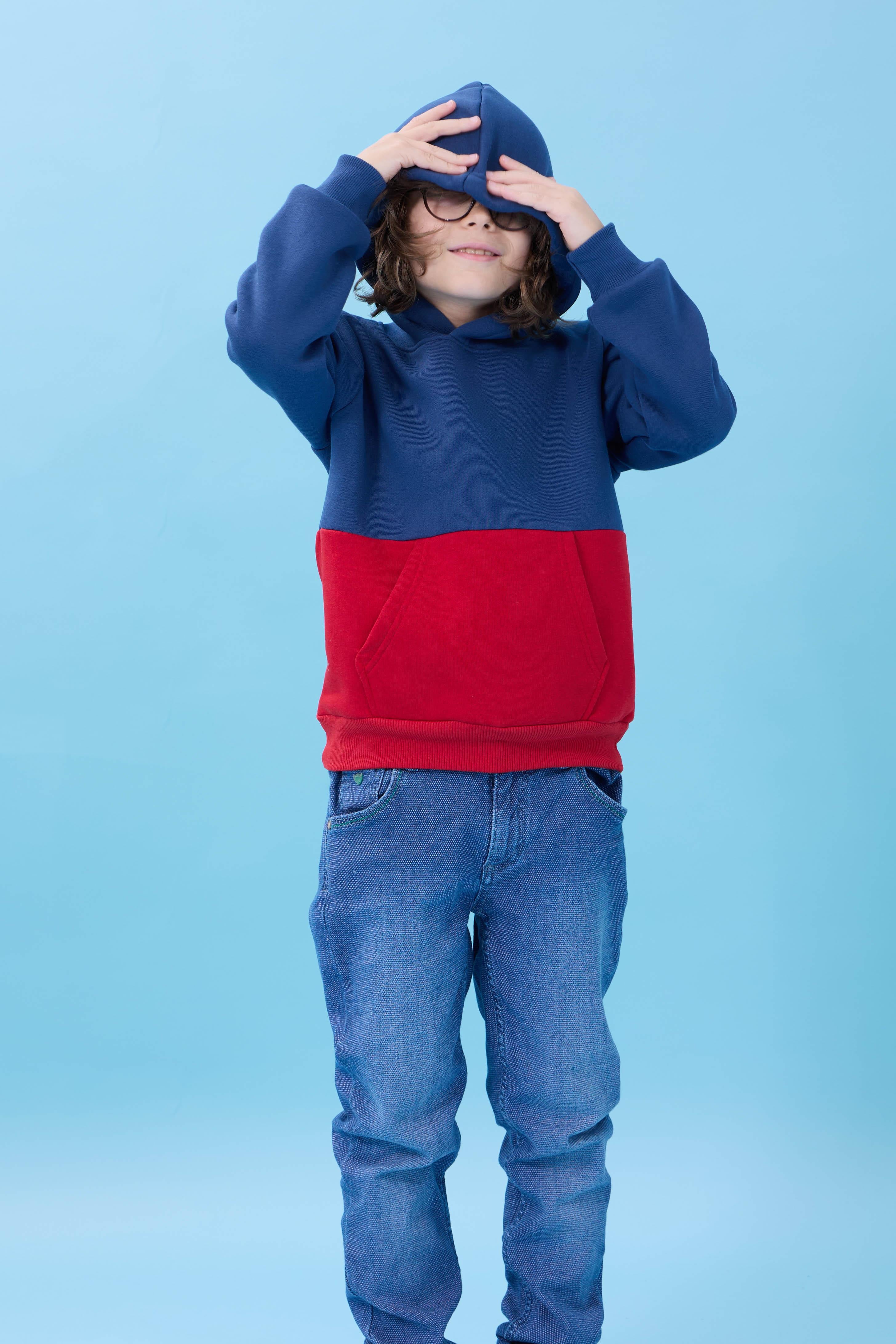 Unisex Kapüşonlu Kanguru Cepli Renk Bloklu Şardonlu Kışlık Sweatshirt - İndigo/Kırmızı