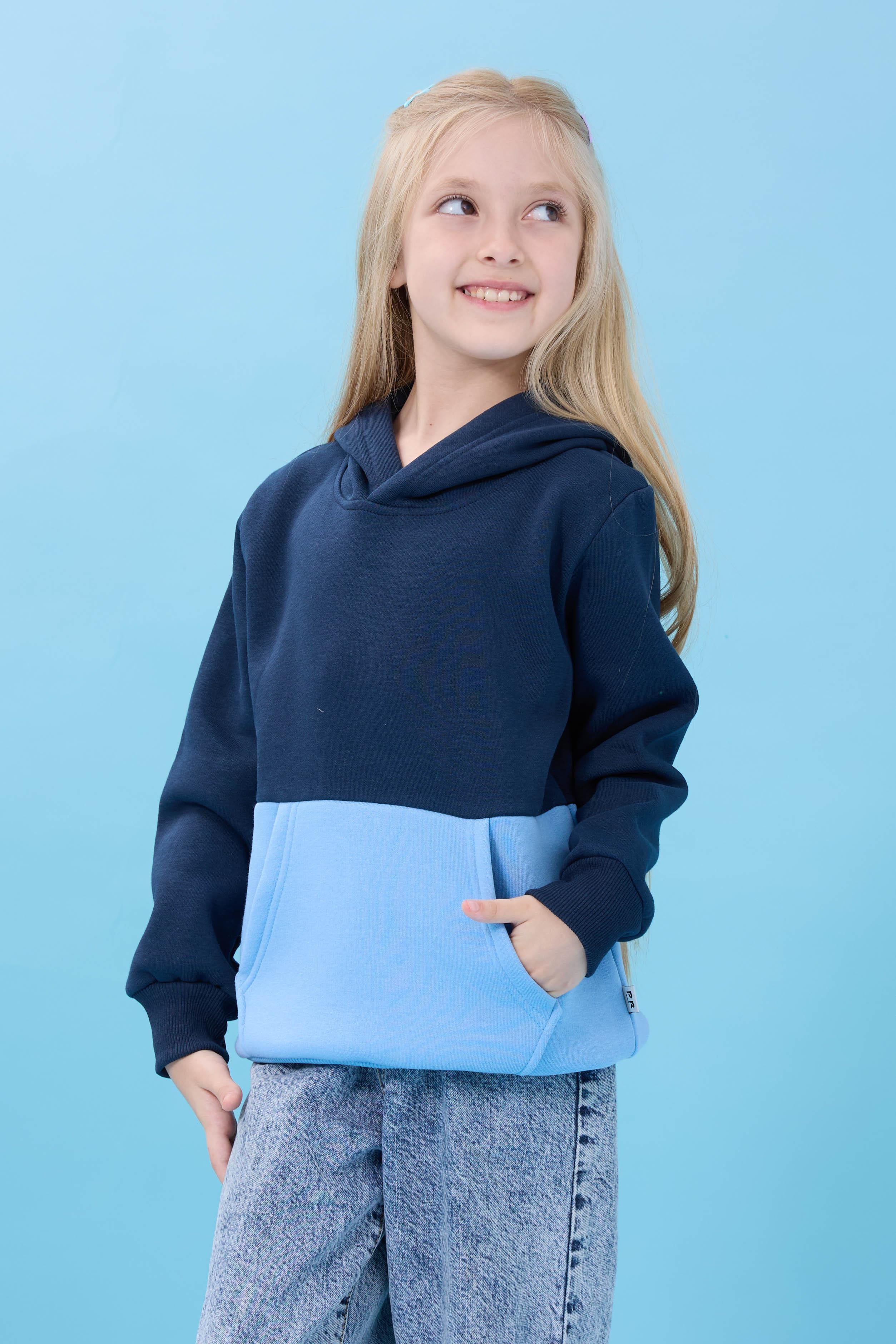 Unisex Kapüşonlu Kanguru Cepli Renk Bloklu Şardonlu Kışlık Sweatshirt - Lacivert/Bebek Mavisi