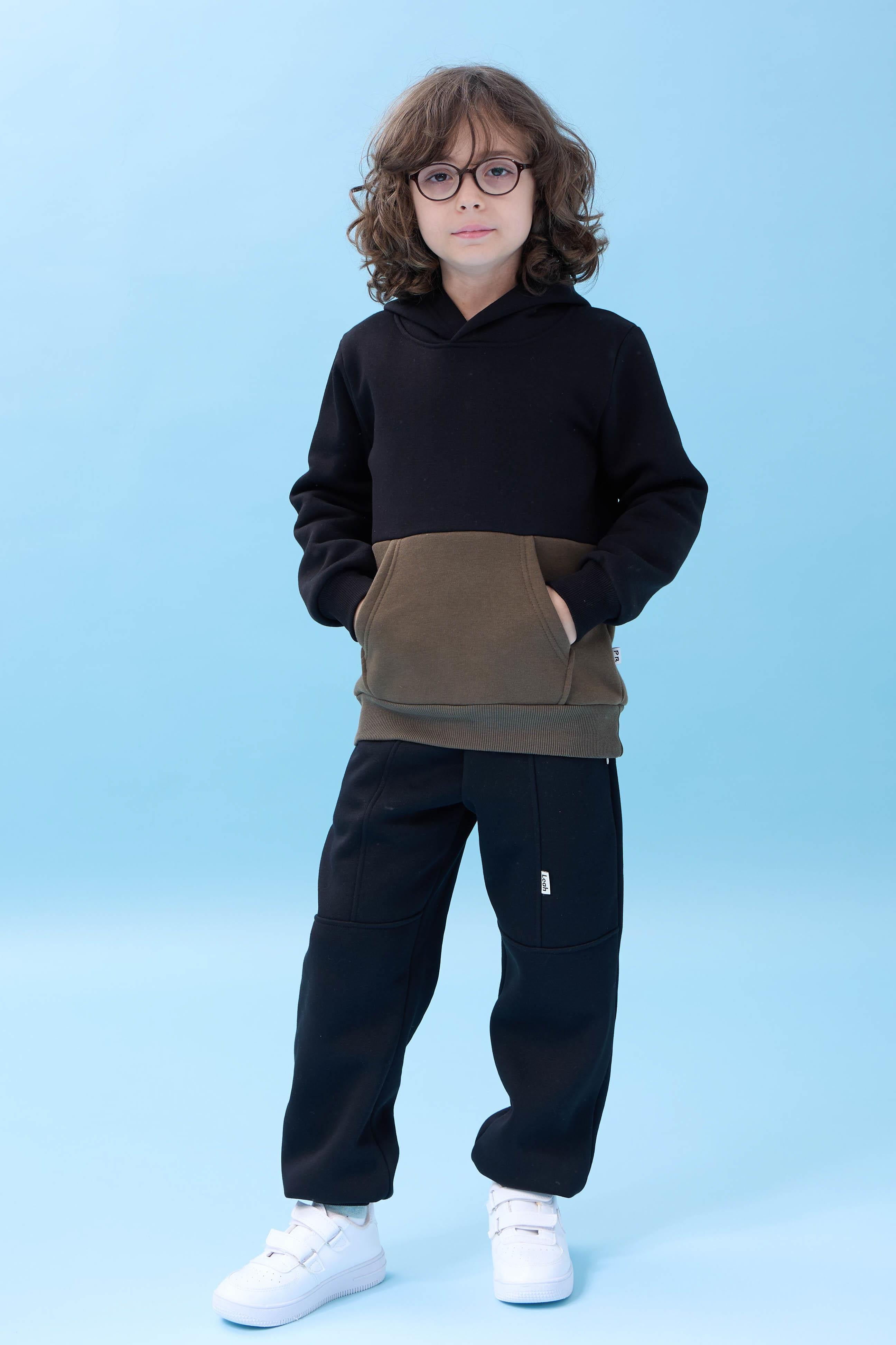 Unisex Kapüşonlu Kanguru Cepli Renk Bloklu Şardonlu Kışlık Sweatshirt - Siyah/Haki