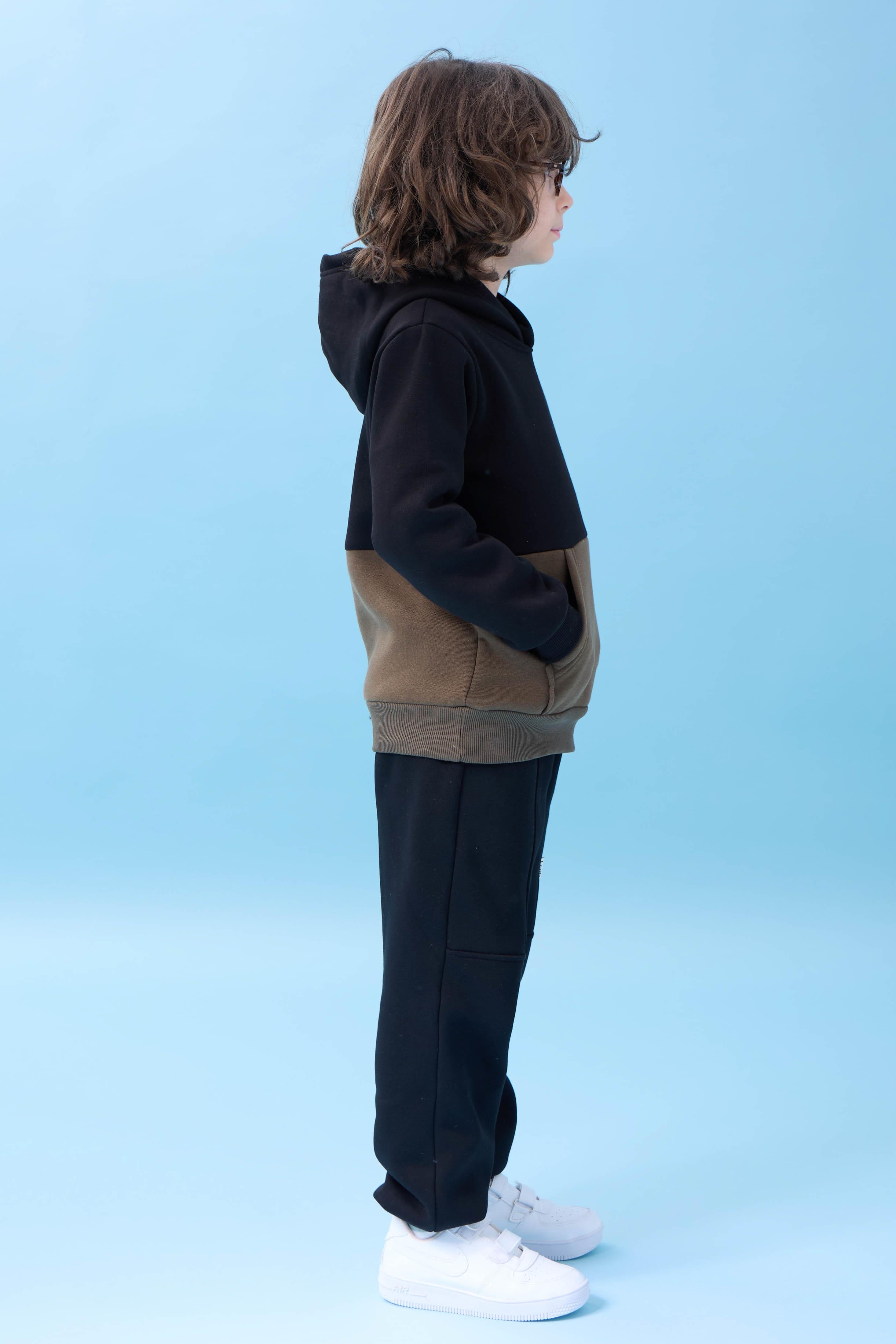 Unisex Kapüşonlu Kanguru Cepli Renk Bloklu Şardonlu Kışlık Sweatshirt - Siyah/Haki