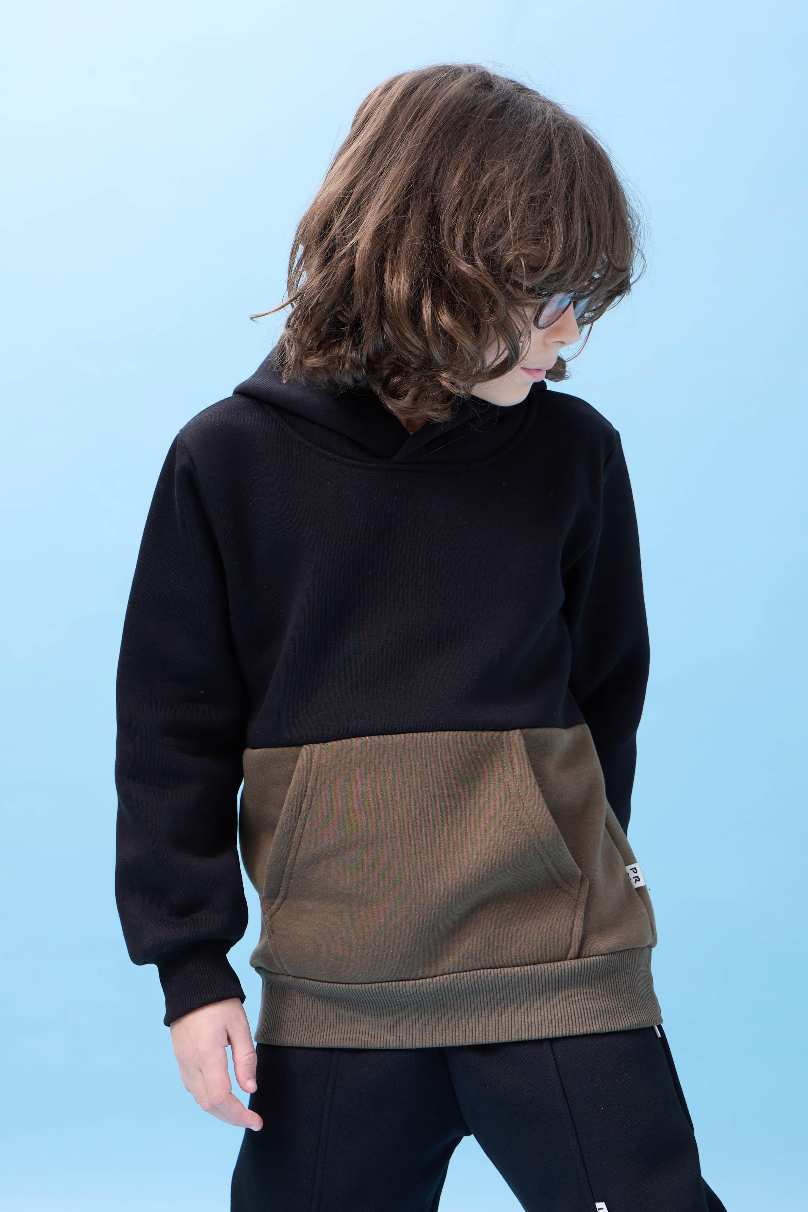 Unisex Kapüşonlu Kanguru Cepli Renk Bloklu Şardonlu Kışlık Sweatshirt - Siyah/Haki