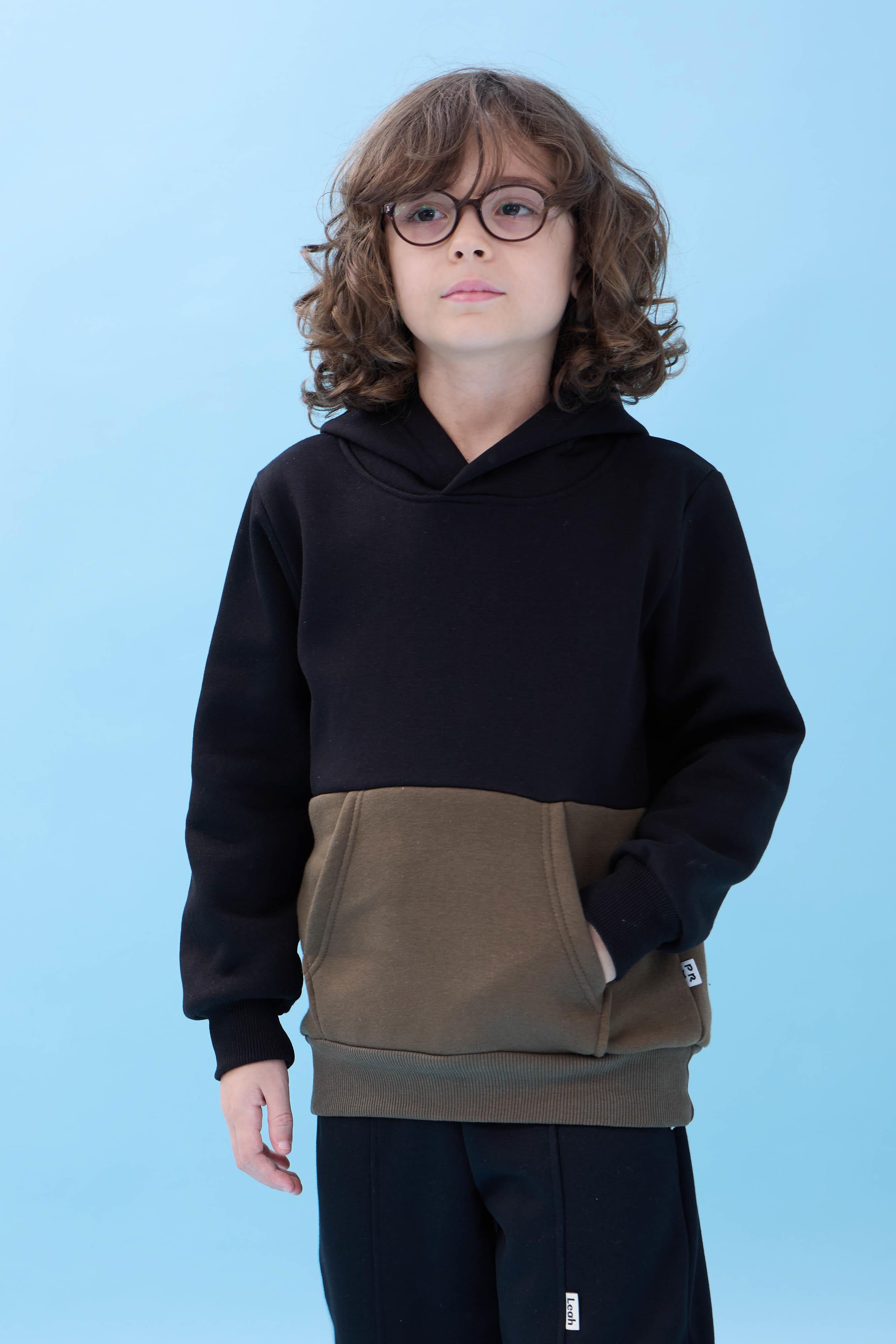Unisex Kapüşonlu Kanguru Cepli Renk Bloklu Şardonlu Kışlık Sweatshirt - Siyah/Haki