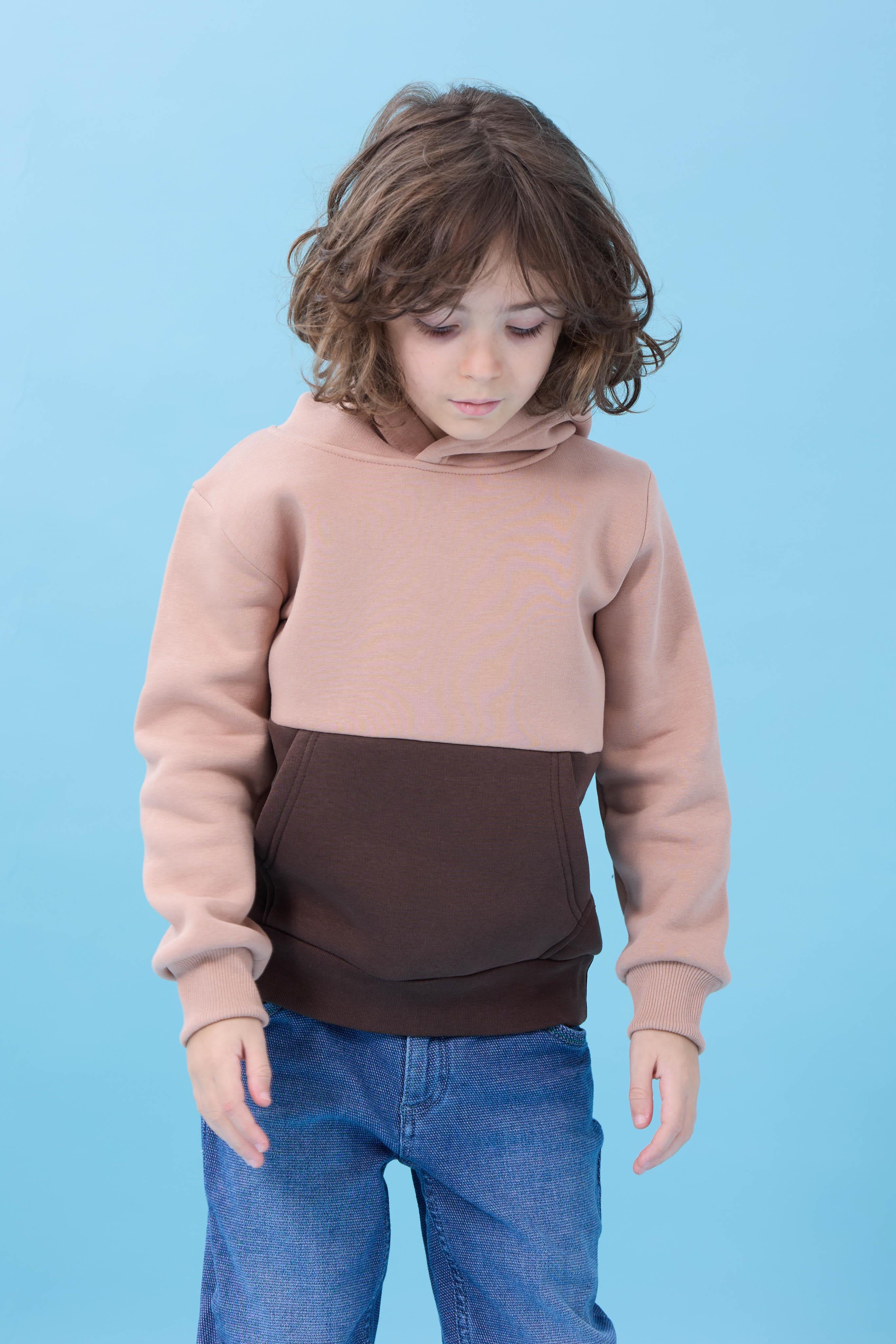 Unisex Kapüşonlu Kanguru Cepli Renk Bloklu Şardonlu Kışlık Sweatshirt - Toprak/Çikolata