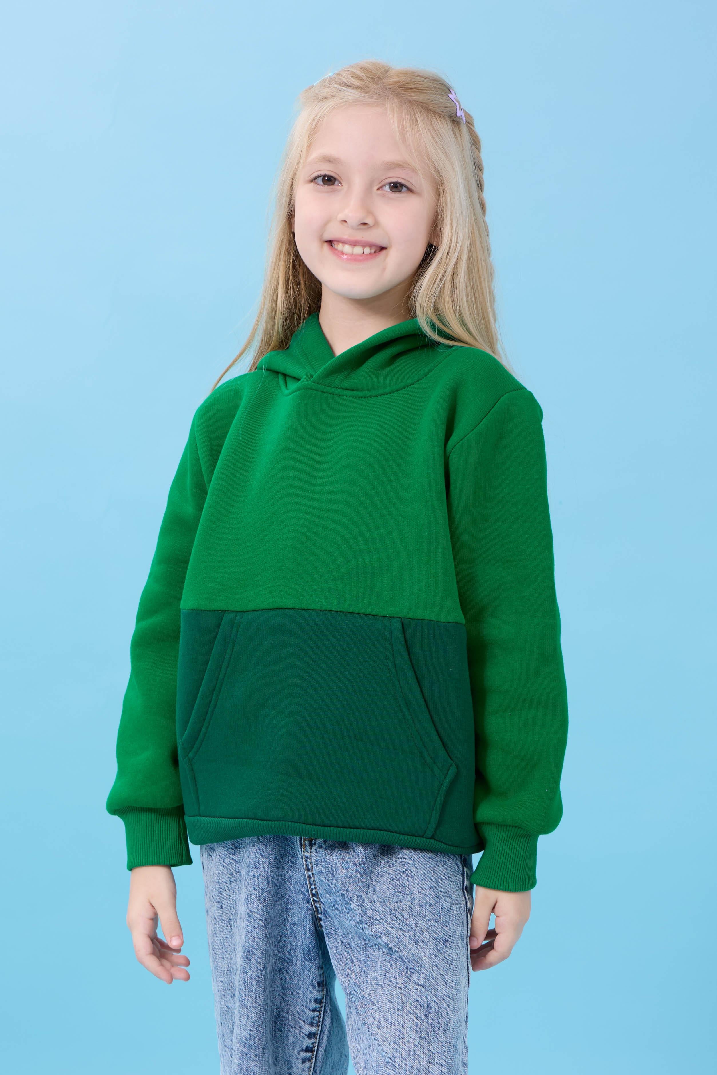 Unisex Kapüşonlu Kanguru Cepli Renk Bloklu Şardonlu Kışlık Sweatshirt - Yeşil/ÇimenYeşili