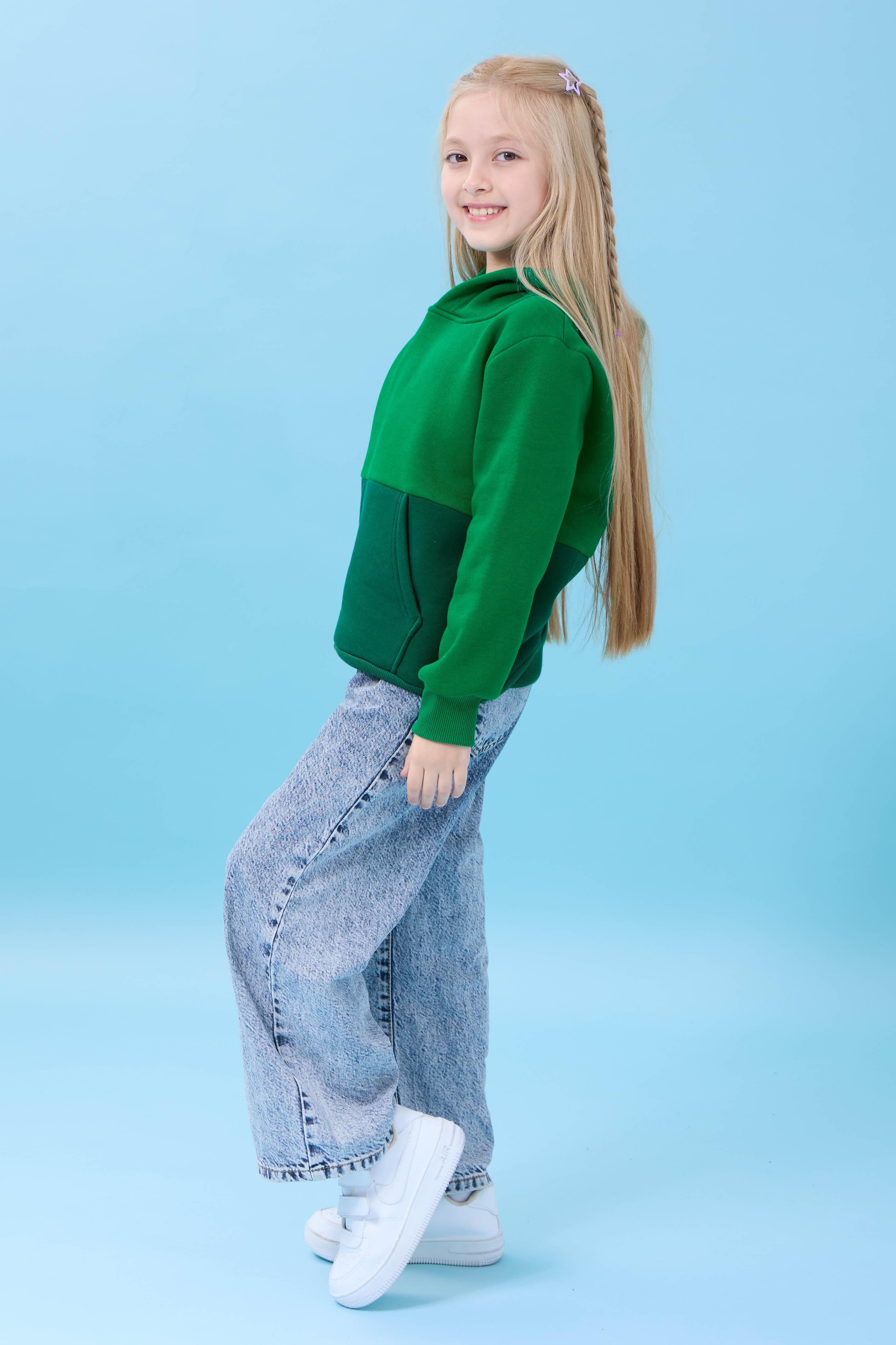 Unisex Kapüşonlu Kanguru Cepli Renk Bloklu Şardonlu Kışlık Sweatshirt - Yeşil/ÇimenYeşili