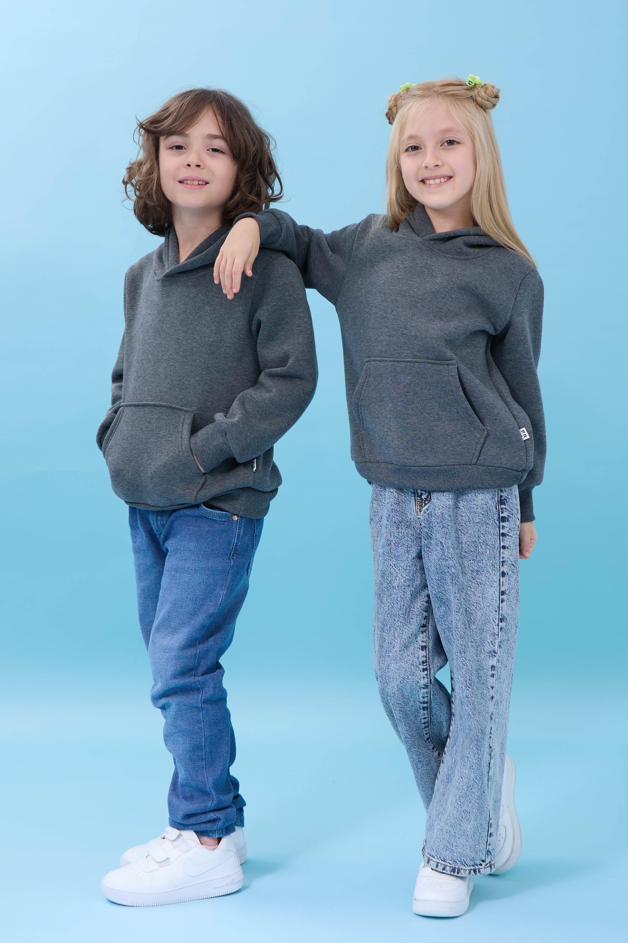 Unisex Kapüşonlu Kanguru Cepli Şardonlu Kışlık Sweatshirt - Antrasit