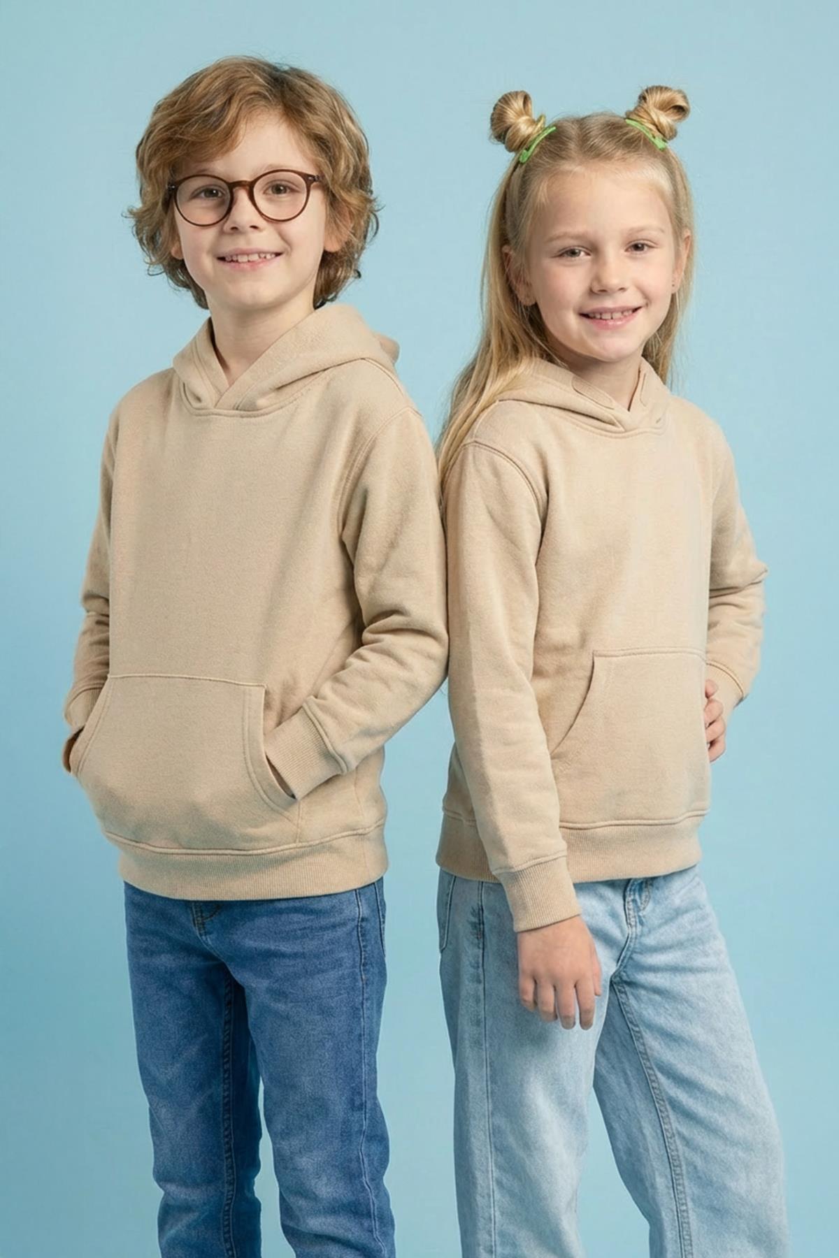 Unisex Kapüşonlu Kanguru Cepli Şardonlu Kışlık Sweatshirt - Bej