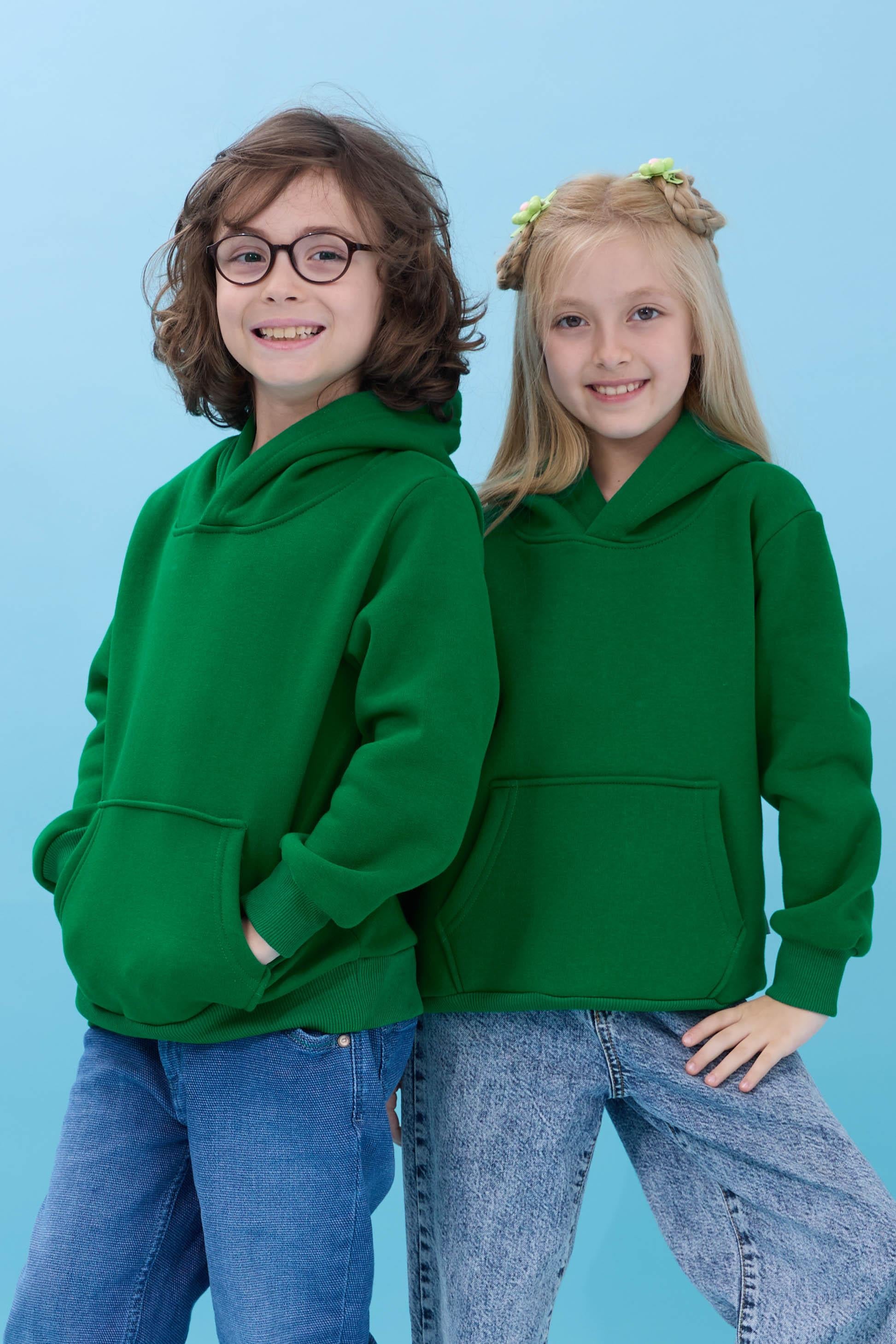 Unisex Kapüşonlu Kanguru Cepli Şardonlu Kışlık Sweatshirt - Yeşil