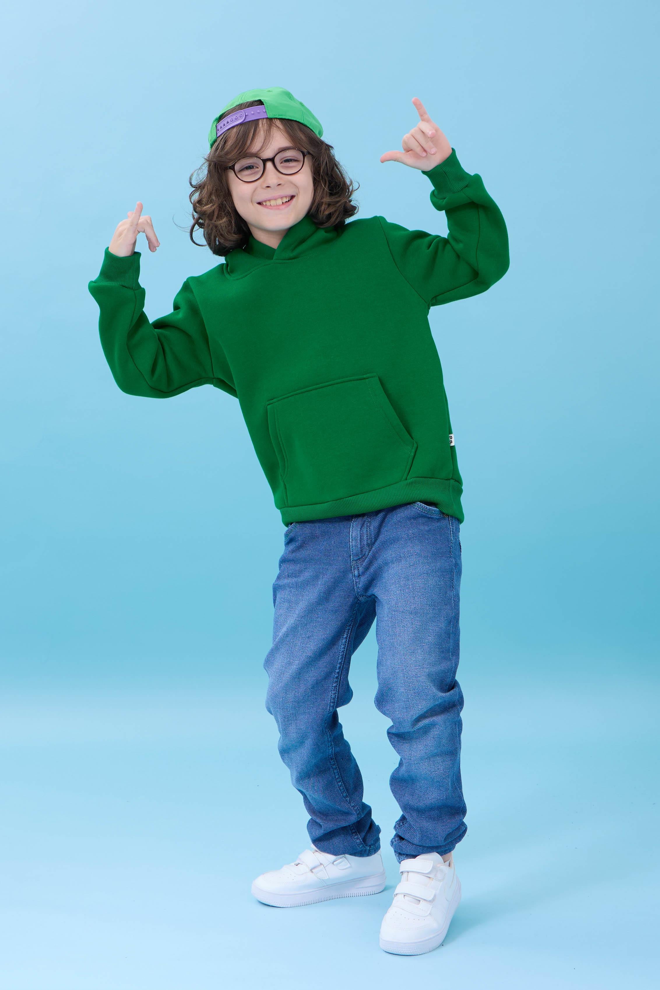 Unisex Kapüşonlu Kanguru Cepli Şardonlu Kışlık Sweatshirt - Yeşil