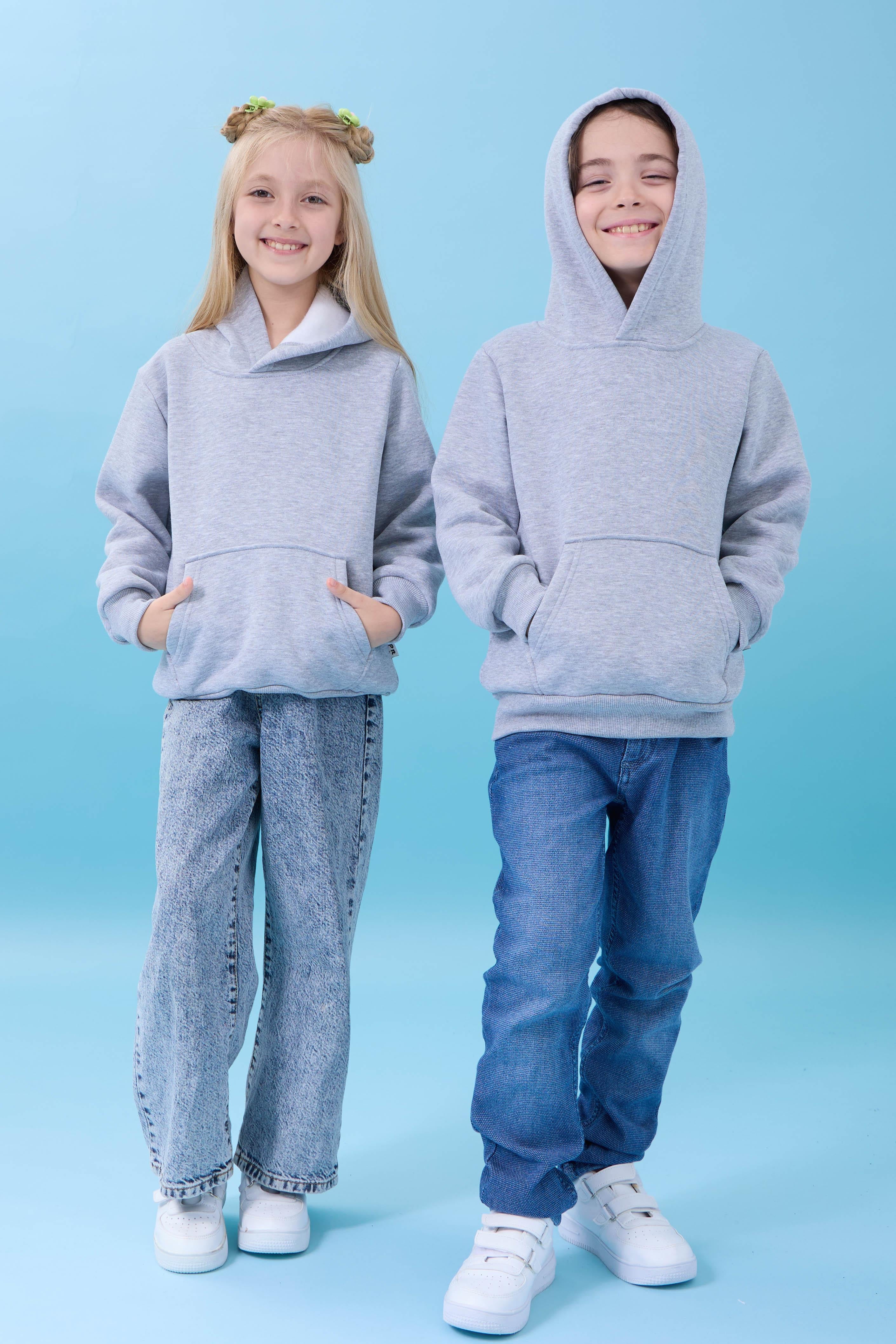 Unisex Kapüşonlu Kanguru Cepli Şardonlu Kışlık Sweatshirt - Gri