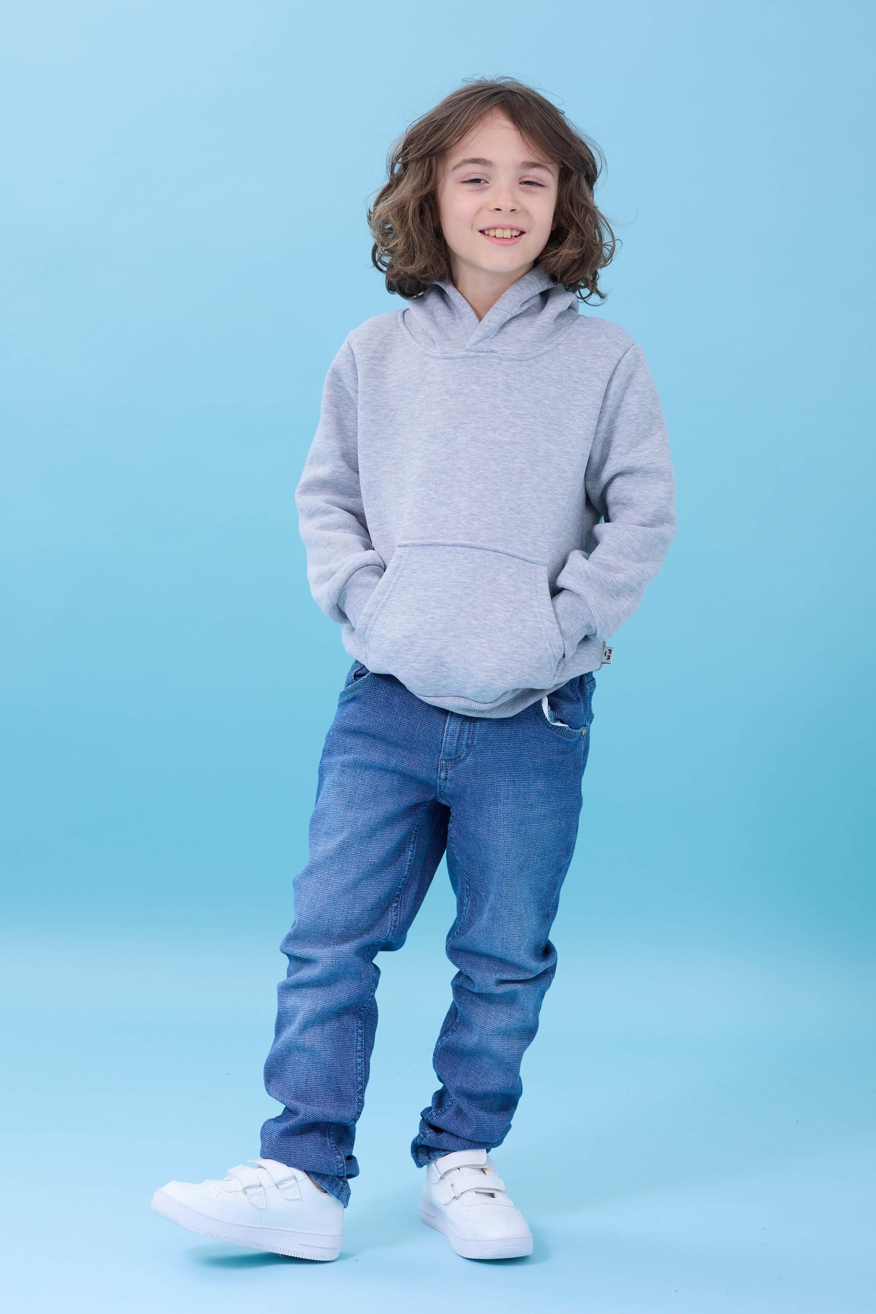 Unisex Kapüşonlu Kanguru Cepli Şardonlu Kışlık Sweatshirt - Gri