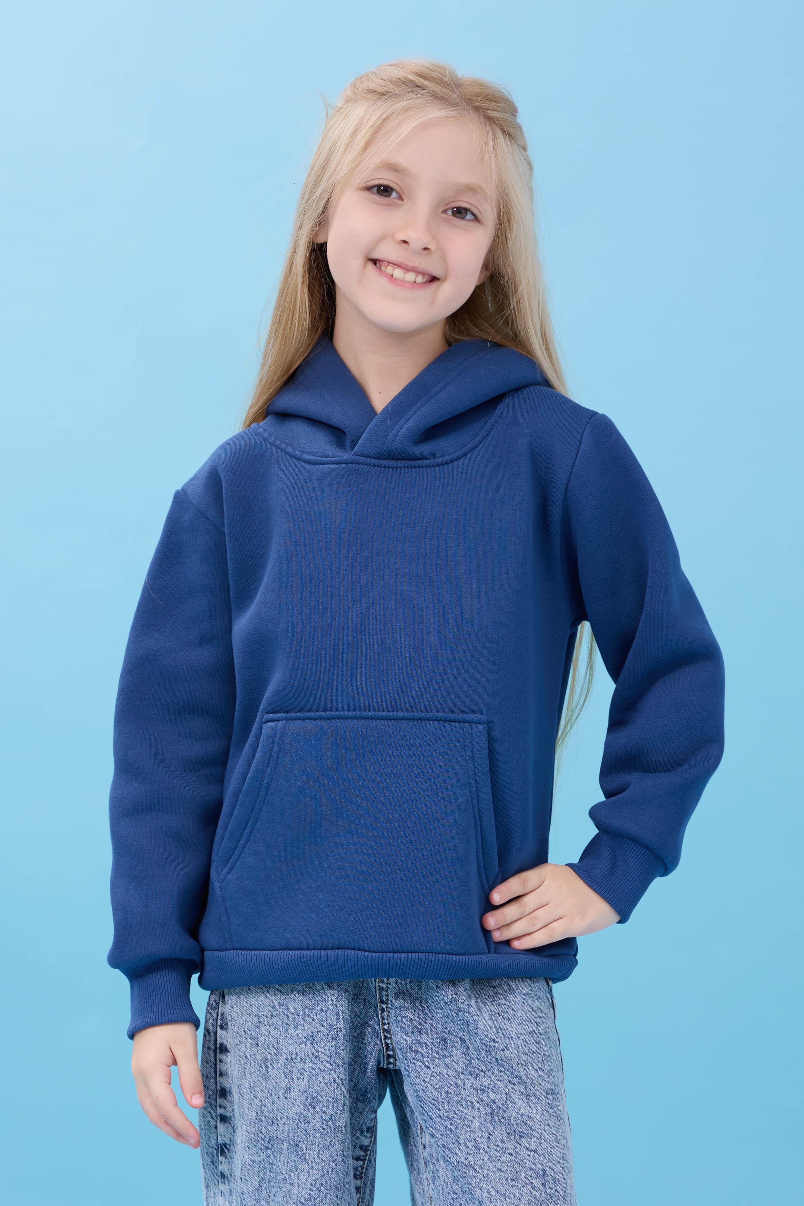 Unisex Kapüşonlu Kanguru Cepli Şardonlu Kışlık Sweatshirt - İndigo