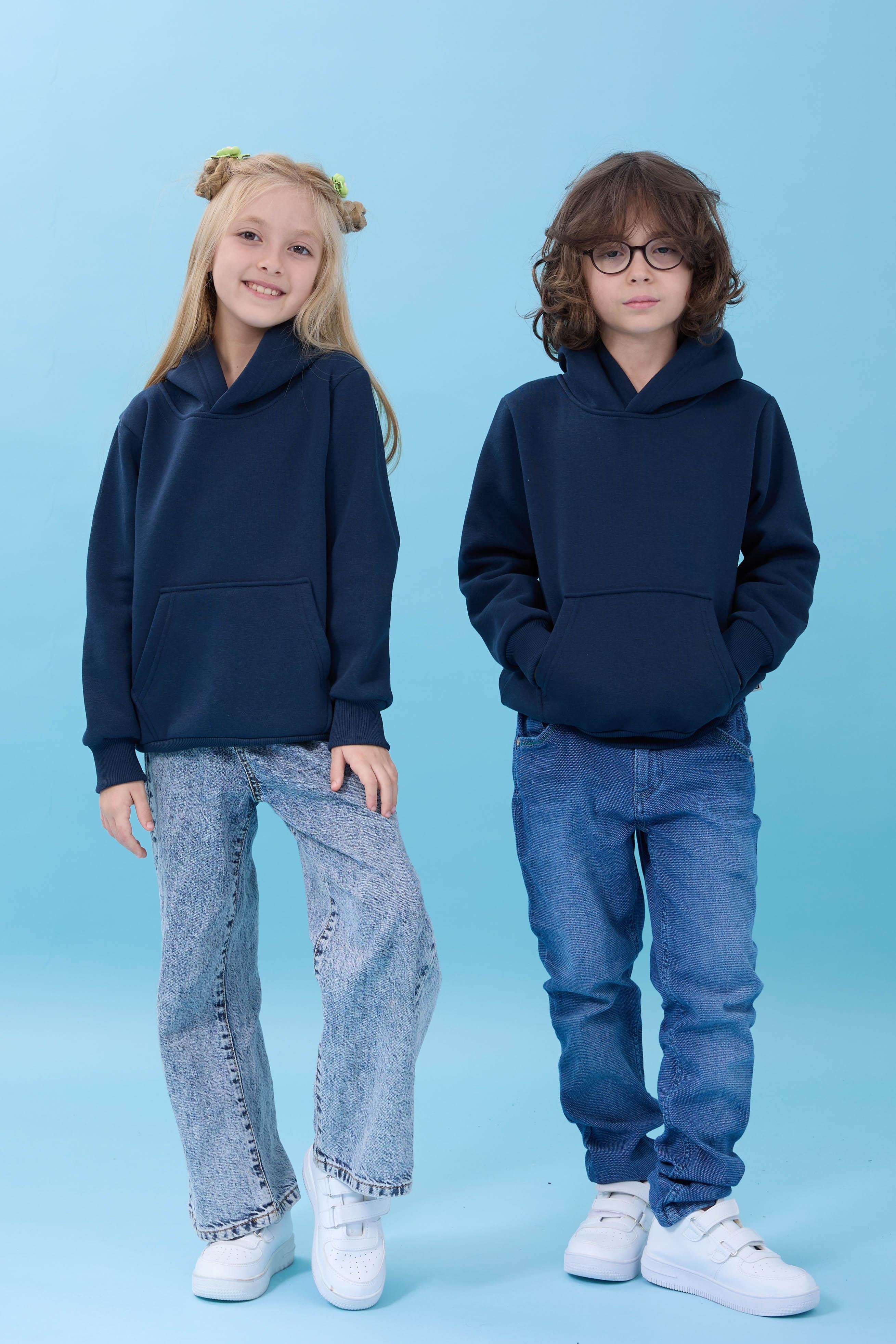 Unisex Kapüşonlu Kanguru Cepli Şardonlu Kışlık Sweatshirt - Lacivert