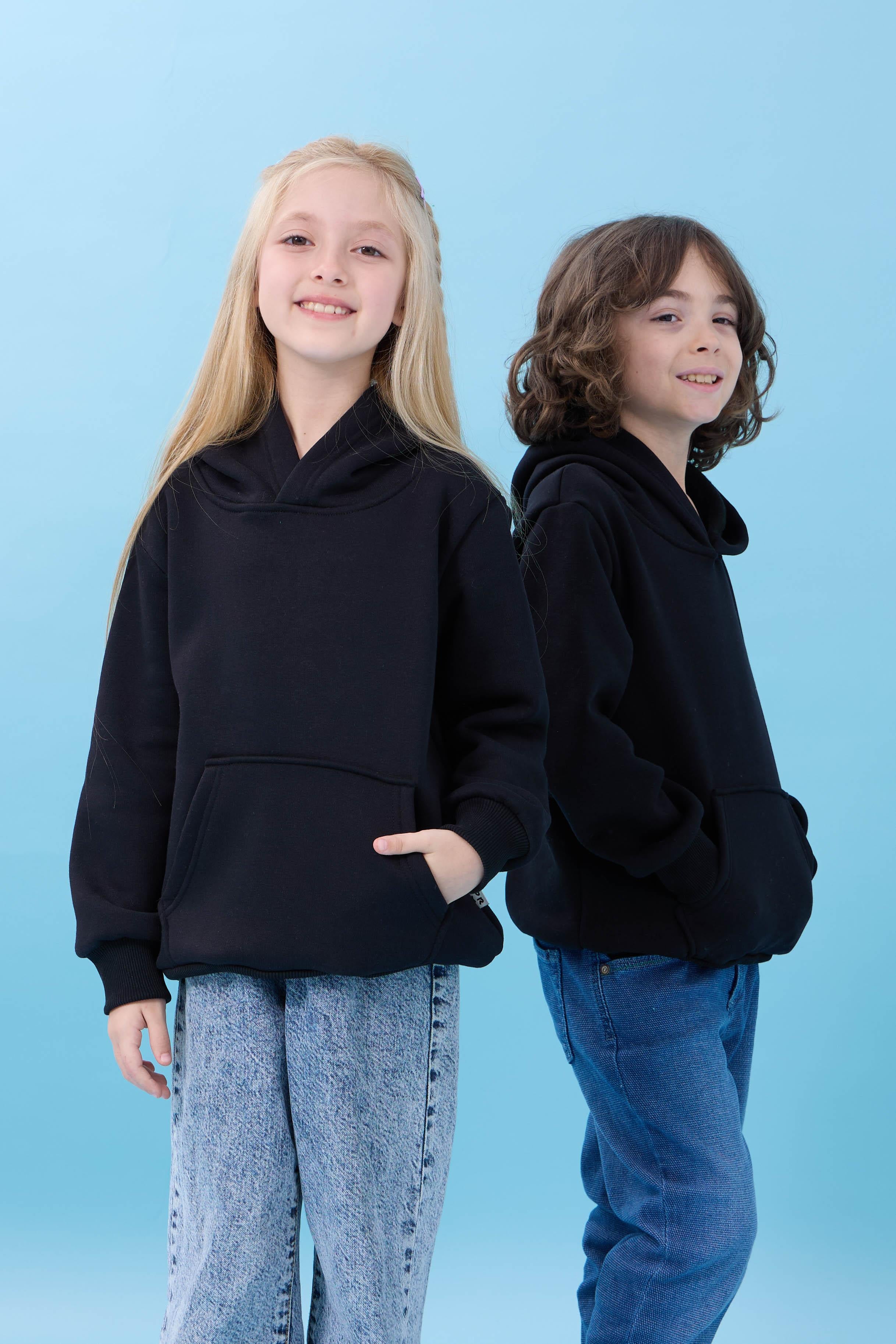 Unisex Kapüşonlu Kanguru Cepli Şardonlu Kışlık Sweatshirt - Siyah