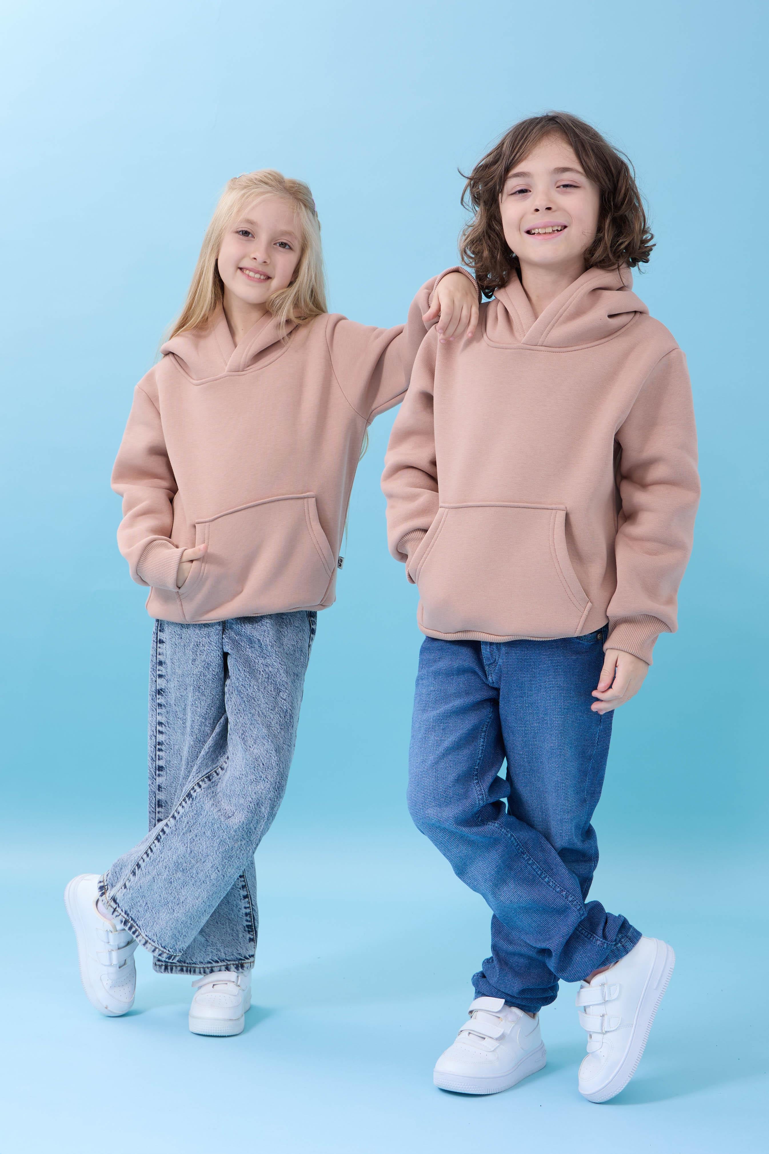Unisex Kapüşonlu Kanguru Cepli Şardonlu Kışlık Sweatshirt - Toprak