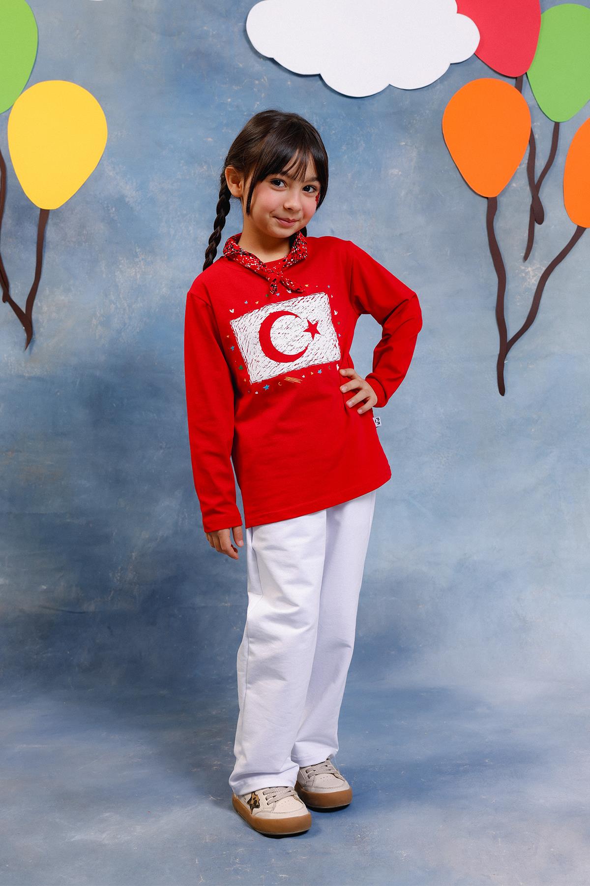 Kız Çocuk Türk Bayrak Baskılı Uzun Kollu Tişört – Fular Hediyeli
