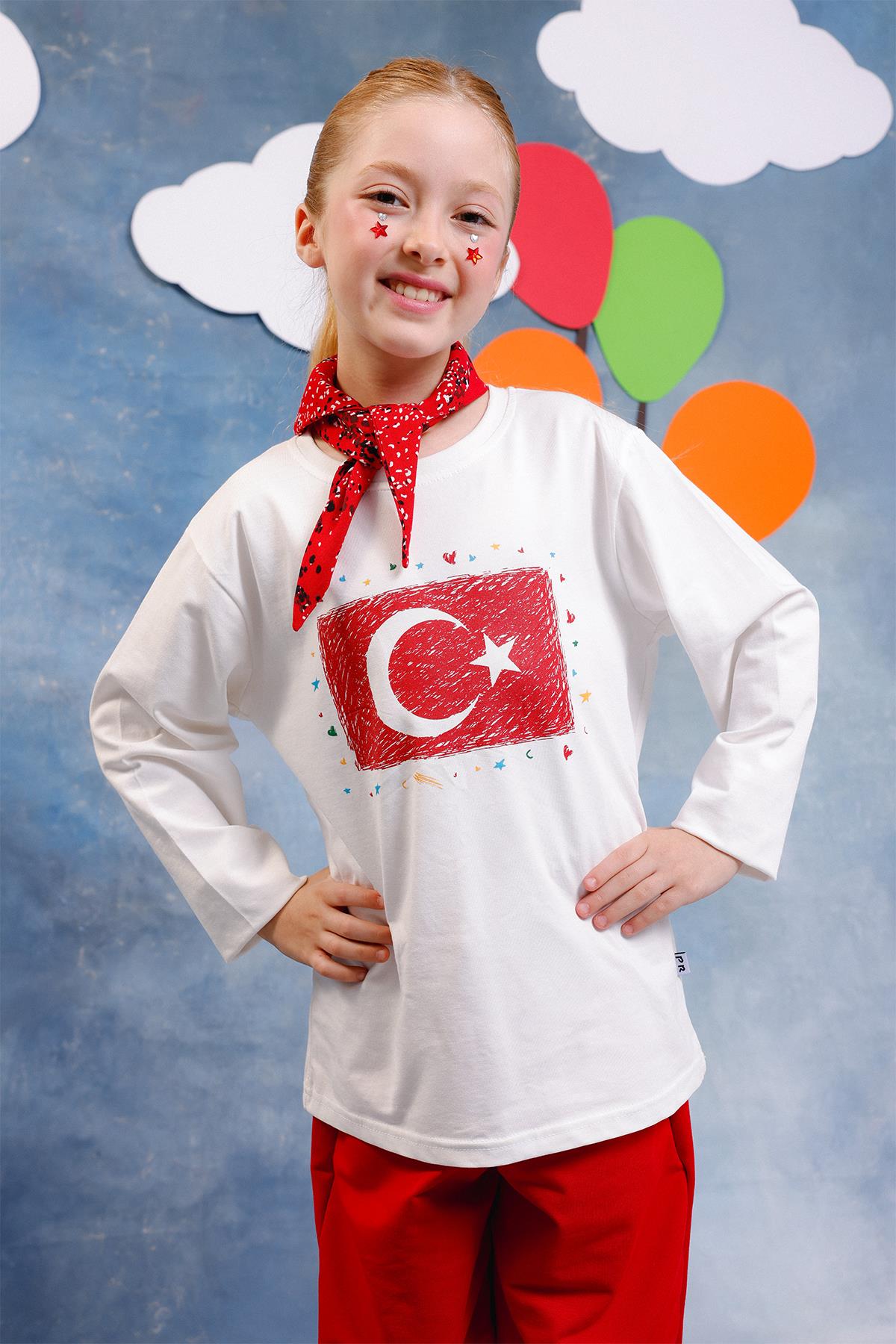 Kız Çocuk Türk Bayrak Baskılı Uzun Kollu Tişört – Fular Hediyeli