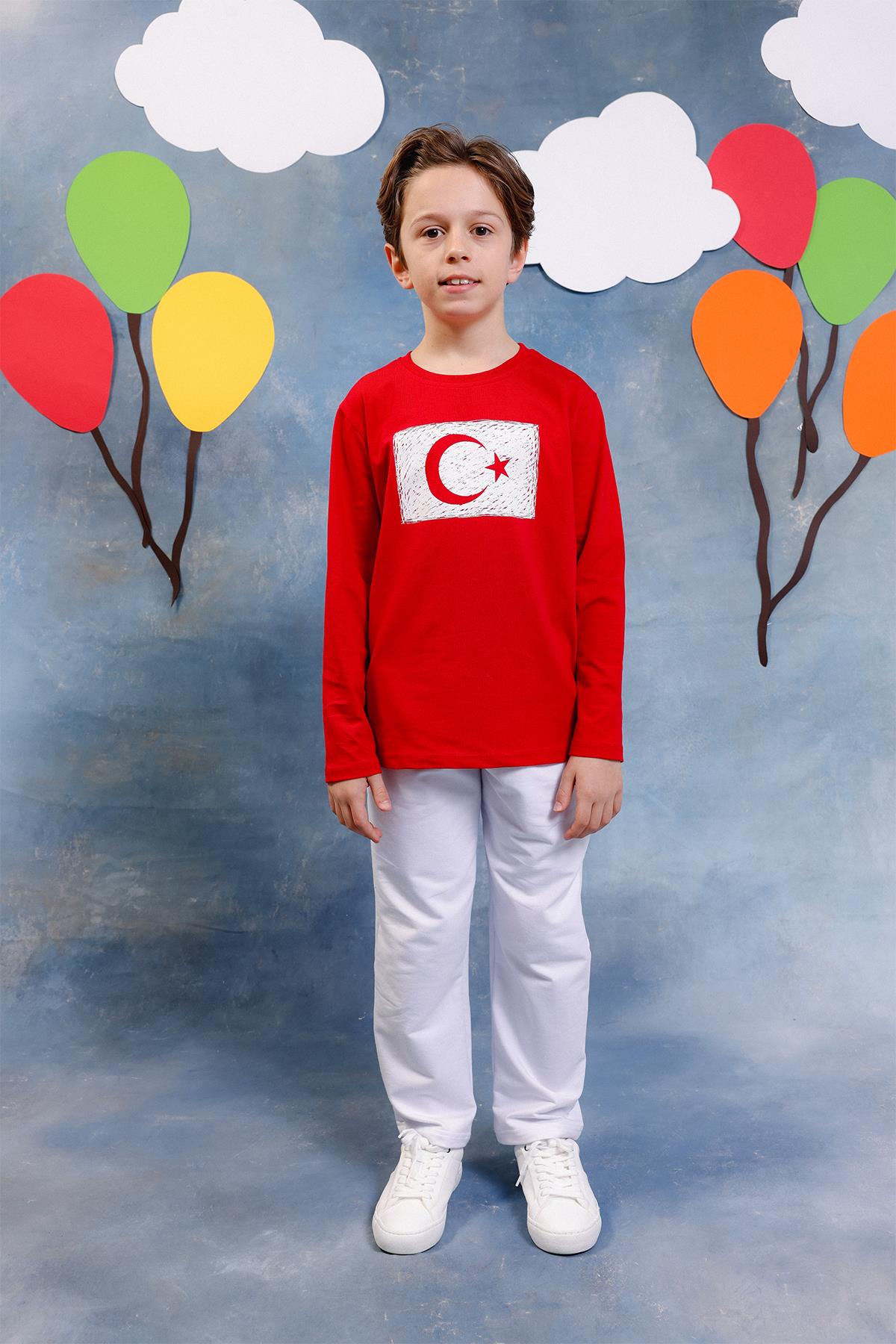 Erkek Çocuk Türk Bayrak Baskılı Uzun Kollu Tişört