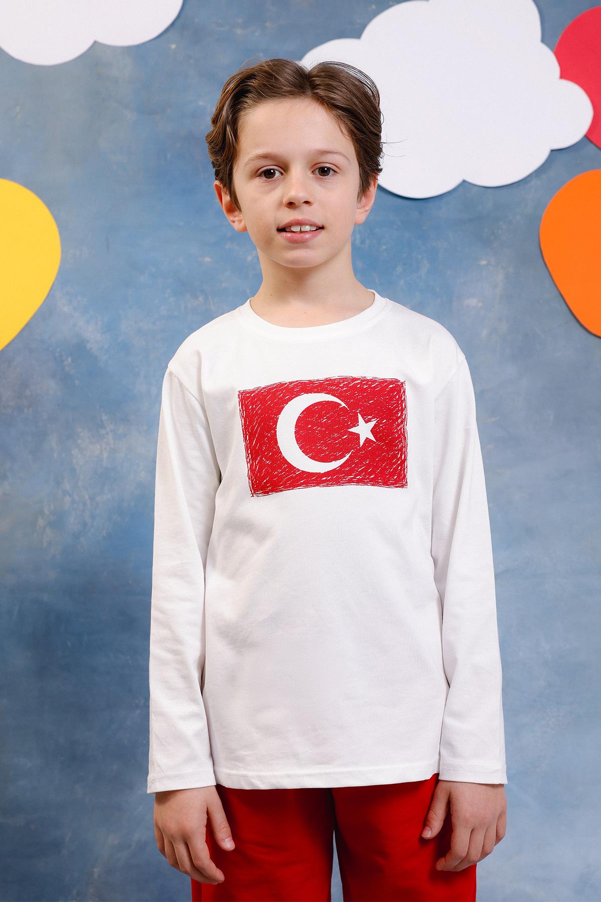 Erkek Çocuk Türk Bayrak Baskılı Uzun Kollu Tişört