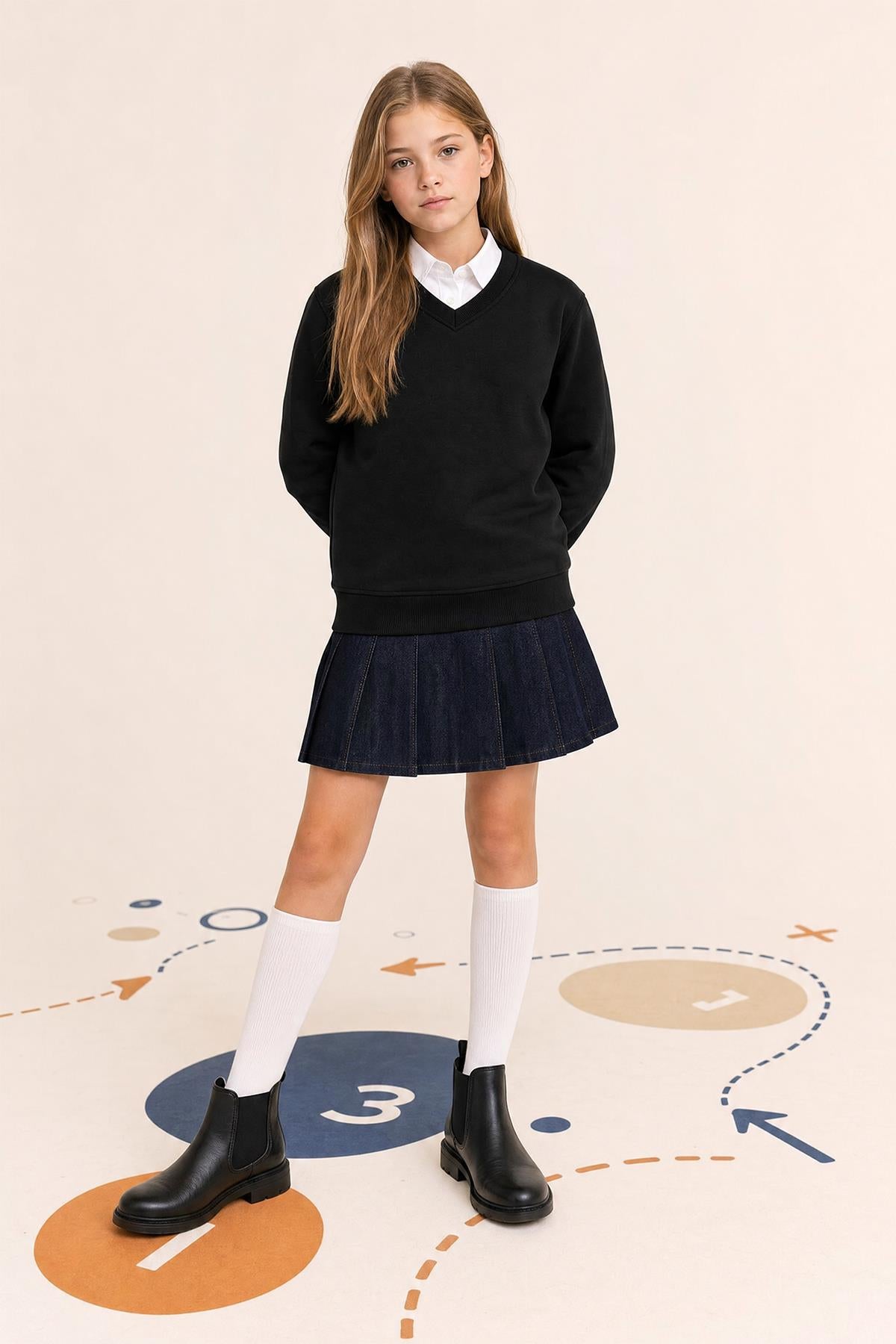 Unisex Çocuk Kışlık V Yaka Polarlı Okul Sweatshirt