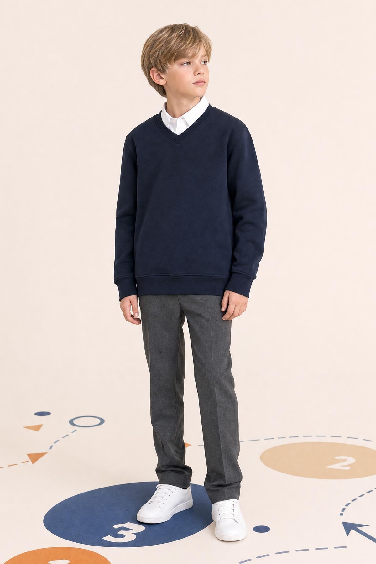 Unisex Çocuk Kışlık V Yaka Polarlı Okul Sweatshirt